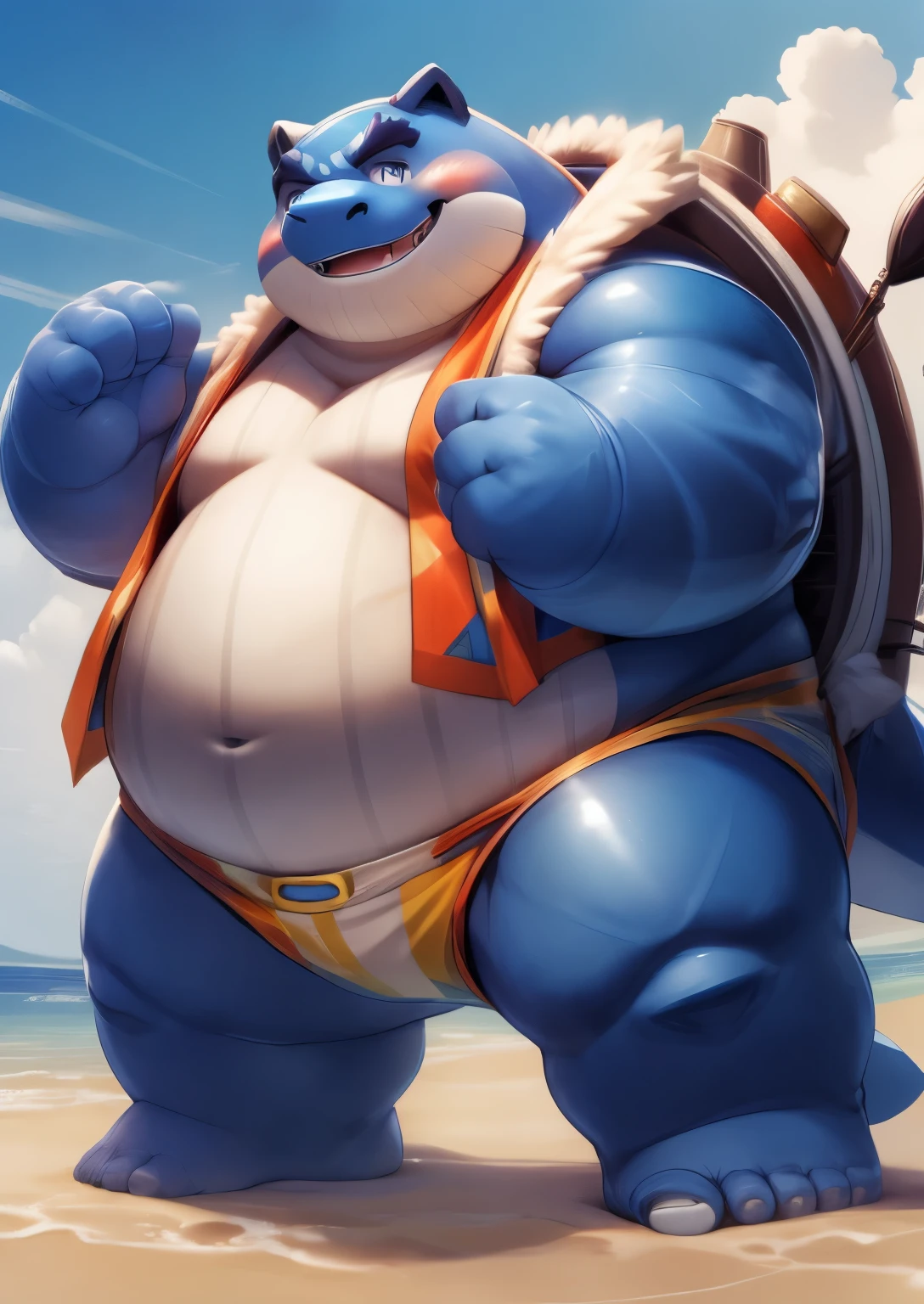 blue genitalia，solo，male people，chubbiness，small fat，Bare-chested，victory pose， solo， Detailed pubic hair， A high resolution，， tmasterpiece，Excessive obesity，Obesity in the extremities，Lift your feet，foot in the air，Correct body proportions，overweight，roadhog，Blastoise，kii，鲸鱼