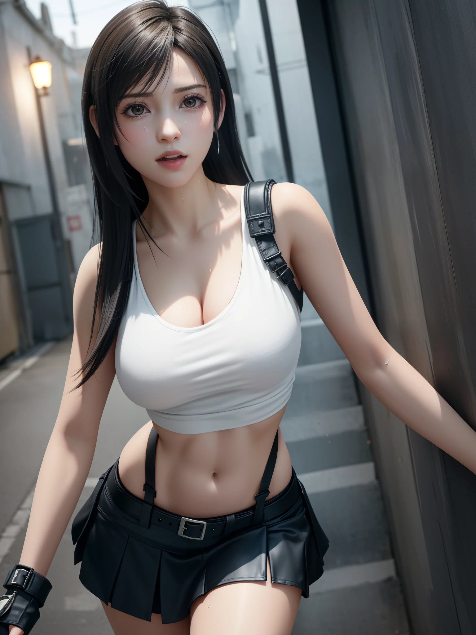 (Top Quality, Masterpiece: 1.1), (Realistic: 1.3), BREAK (((FF7,Tifa_lockhart))),(solo,tifa_lockhart),(A dark, barely lit torture chamber:1.3,wet:1.2,night:1.1,handcuffs,whip,chain),(face focus:1.1), BREAK (((FF7,Tifa_lockhart))),(Light Brown Hair, Large breasts: 1.2),(Tifa_lockhart uniform:1.3, suspenders, low rise, mini skirt, tank top), torn clothes:1.3,damaged clothes:1.3, BREAK (((FF7,Tifa_lockhart))),(shiny oiled skin: 1.1),(crowd of monster:1.3),(many monsters:1.2), ((stringy viscous liquid)),wet hair, about 18 years old,sensual, looking me:1.2, monsters attaking:1.3,(Tifa_lockhart,cornered against a wall),(being chased,run away),approaching fear, scream, pain,Despair, crying face,ask for help,(caught by a monster),(projectile sweat:1.3)