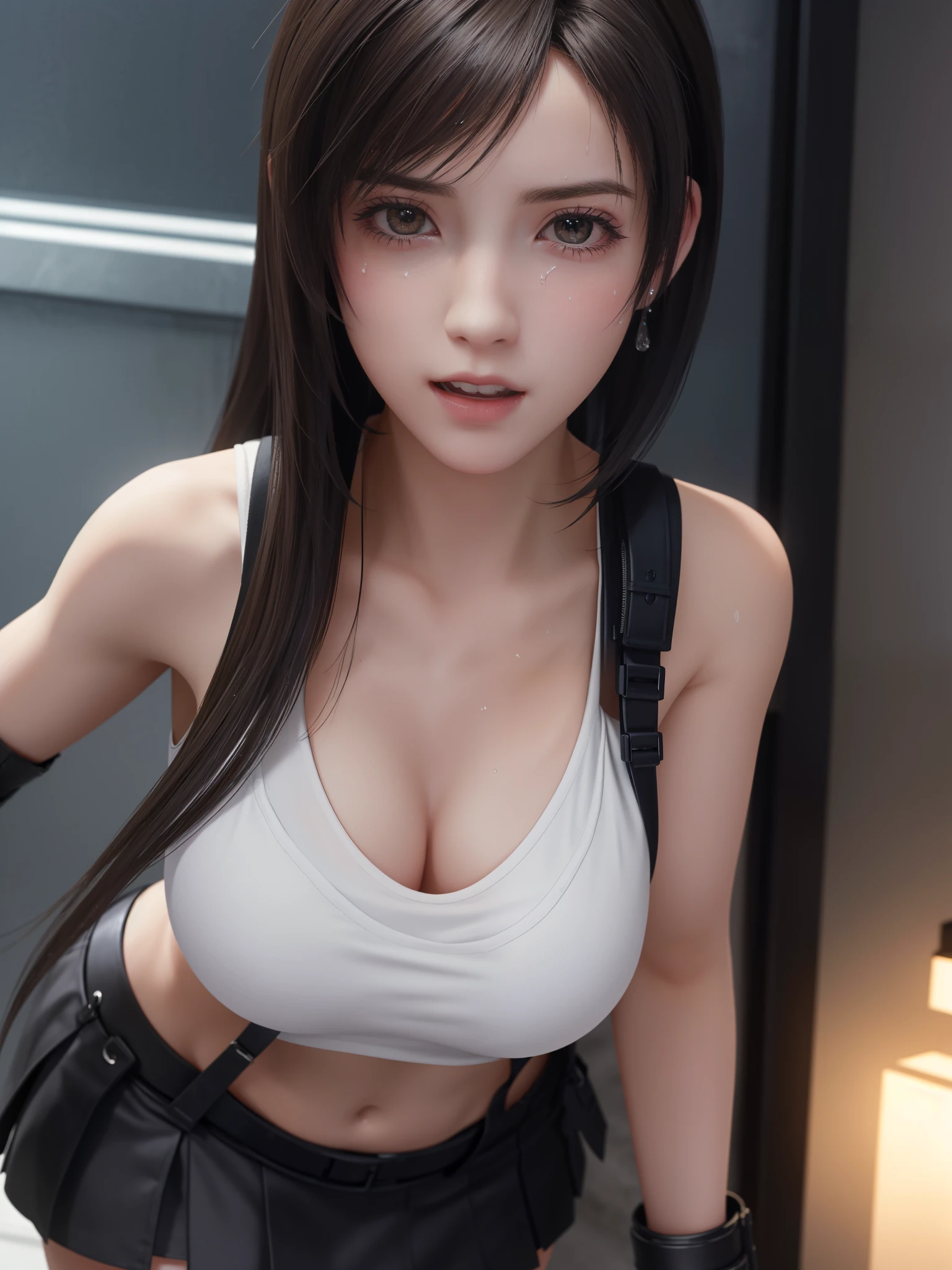 nsfw,(Top Quality, Masterpiece: 1.1), (Realistic: 1.3), BREAK (((FF7,Tifa_lockhart))),(solo,tifa_lockhart),(A dark, barely lit torture chamber:1.3,wet:1.2,night:1.1,handcuffs,whip,chain),(face focus:1.1), BREAK (((FF7,Tifa_lockhart))),(Light Brown Hair, Large breasts: 1.2),(Tifa_lockhart uniform:1.3, suspenders, low rise, mini skirt, tank top), torn clothes:1.3,damaged clothes:1.3, BREAK (((FF7,Tifa_lockhart))),(shiny oiled skin: 1.1),(crowd of monster:1.3),(many monsters:1.2), ((stringy viscous liquid)),wet hair, about 18 years old,sensual, looking me:1.2, monsters attaking:1.3,(Tifa_lockhart,cornered against a wall),(being chased,run away),approaching fear, scream, pain,Despair, crying face,ask for help,(caught by a monster),(projectile sweat:1.3)