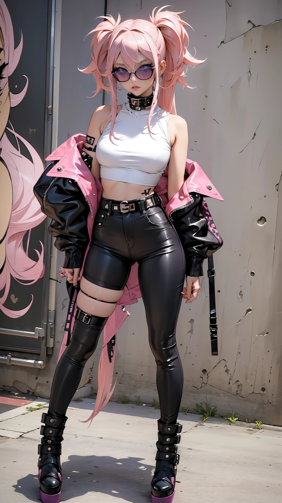 Beautiful woman pink twin tail long hair、punk style、look at the viewer、positive、purple eyes、large breasts、big ass、thin waist、big eyes、leather jacket、leather pants、(pink hair:1.2)、street,Sunglasses lowered、Standing with the center of gravity on one leg,