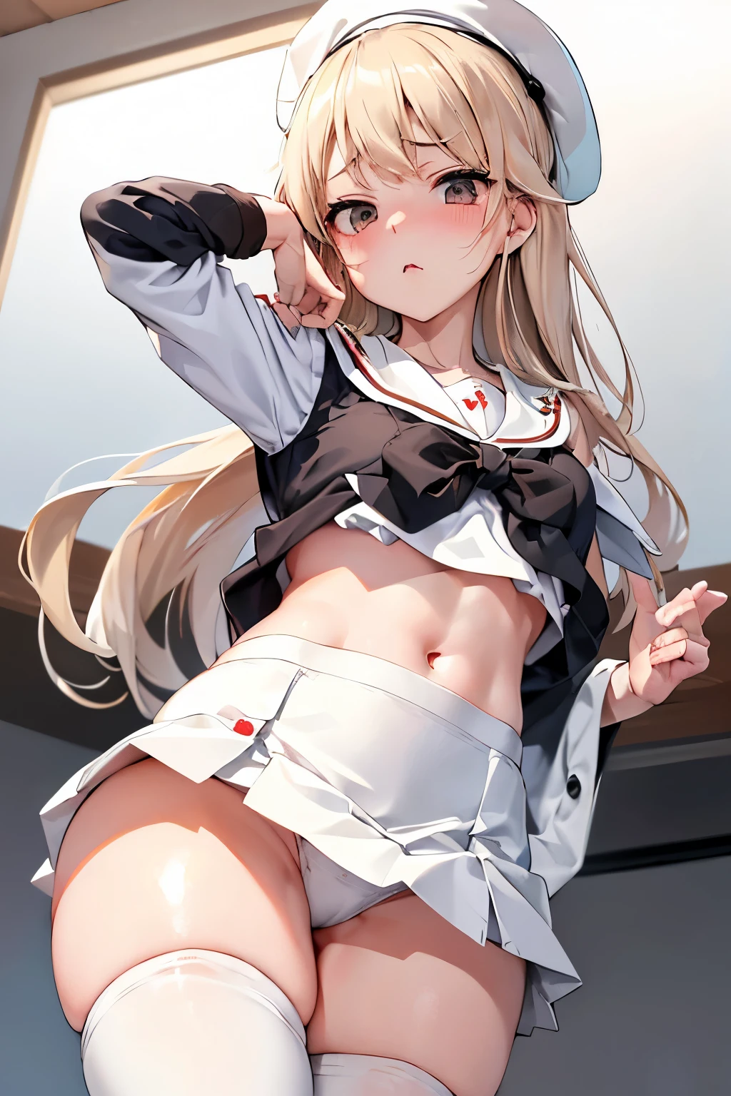 muste piece, best quality, 1 girl,golden hair, (black eye:1.2),((sailor suit))、(((White Thigh Socks)))、((embarrassed expression))、((koukou))、((Photo from below))、(((mini skirt)))、((medium long hair))、((japanese uniform))、((white panties))、((C cup breasts))、((Girls and Panzer))