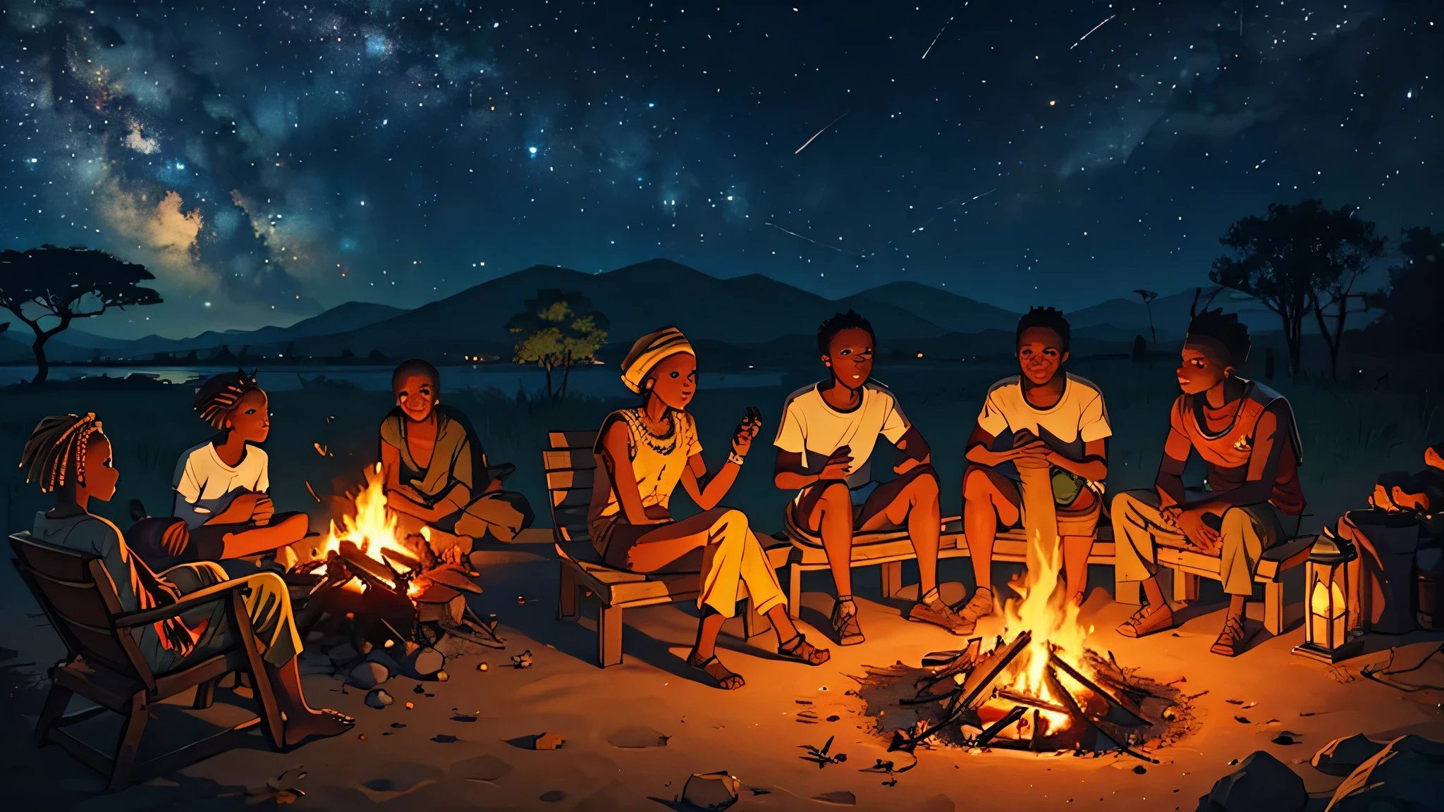 African people sitting around a campfire,campfire,africa.night aesthetic ,outdoor