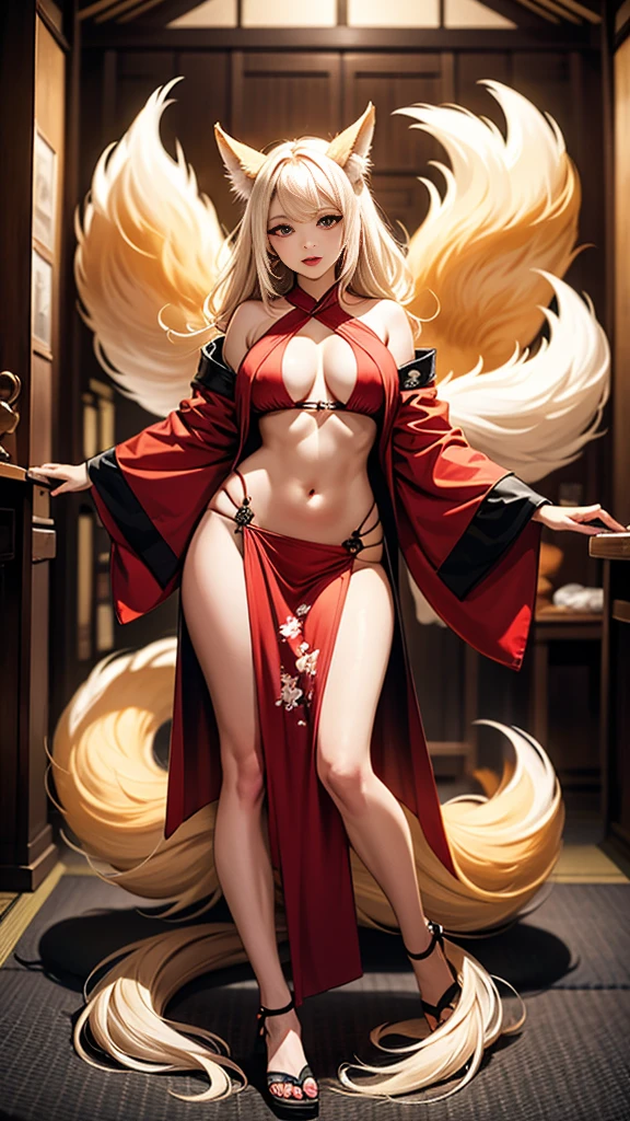 breathtaking, nine-tailed golden fox, no-human, japanese art style, majestic, bokeh, ink, art, complex background, beautiful tails, n a serene and enchanted forest, a mesmerizing sight awaits those fortunate enough to catch a glimpse - a breathtaking white fox with a lustrous coat that gleams like freshly fallen snow under the gentle moonlight. Gracefully moving through the undergrowth, its elegant form captures the essence of ethereal beauty. But what truly sets this wondrous creature apart is its extraordinary nine tails, each one adorned with intricate patterns that seem to tell ancient tales of mythical wonders. With every swish of those magnificent tails, an enchanting aura of magic surrounds the fox, captivating all who behold its splendor. As the embodiment of purity and allure, the white fox with its resplendent nine tails is a living testament to the wonders of nature's creativity and brilliance, masterpiece, best quality, purple eyes, blonde fur, fox, animal ears, blonde hair, fox ears, glasses,
