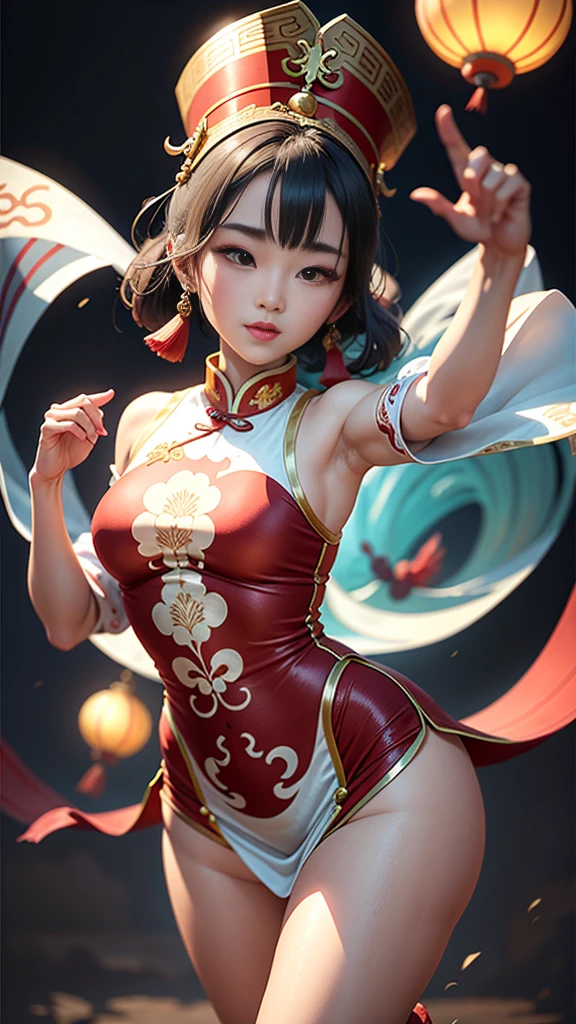 8K,​masterpiece,top-quality, (From the top:1.6) ,Dynamic Pose,30 year old woman dancing,Portrait, light, Long Black Hair, ssmile, watercolor paiting \(Medium\),watercolor paiting,(Red cheongsam with slit that adheres to the body:1.3),(thighs thighs thighs thighs:1.3),A sexy