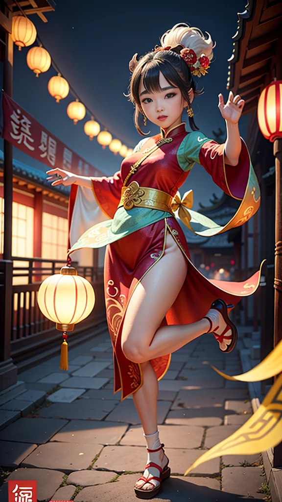 An ancient Chinese painting scroll，In the picture，The girl Chang&#39;e in gorgeous Hanfu，Charming，Curved eyebrows，slender eyes，Flying to the sky in Dunhuang style，Lightweight，The clothes are fluttering，like a dance in the air。She moves vigorously and gracefully，Complementing the ancient murals，During parkour，She makes some difficult moves from time to time，like rolling、jump、Taxi etc.，Elegant and agile posture，Combined with traditional Chinese cultural elements，Demonstrates the wisdom and strength of the Chinese nation，The whole picture is rich in color，with magnificence、Antique as the main tone。The bright colors of the murals in the Blue Rock Grottoes，Express youth and vitality；The girl Chang&#39;e&#39;s Hanfu is made of traditional Chinese red.、Bright yellow and other bright colors，Strong contrast with the background，Make the picture more vivid。The spectacular Dunhuang Grottoes in the background，Colors are warm，Showing the thickness and traces of time。In the picture心，A winding grotto corridor leads into the distance，The murals on both sides are lifelike，It's like telling an old story。There are also elements of traditional Chinese culture in the picture，Chinese dragon，Dragon culture，kite、paper lanterns、Chinese knot，national current，anime illustration，Featuring a playful character design style，Ultra high definition animation CG，3D rendering，Beautiful two-dimensional，Spring Festival poster，ultra HD16k