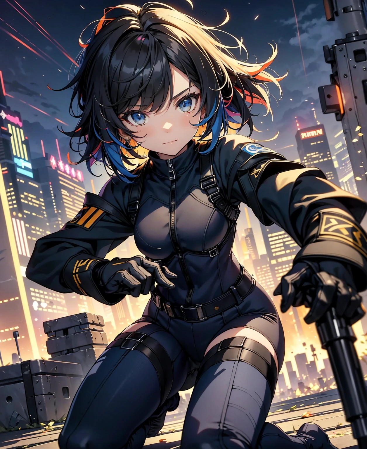 best quality，T Masterpiece，ultimate resolution，fluff，very colorful，colorful，female combatant，（kneeling pose）（pointing at you with his butt）18 year old girl，navy blue super short hair，Tight navy and black combat uniform，cute、tight suit，Steel City Background，night，normal posture，normal posture