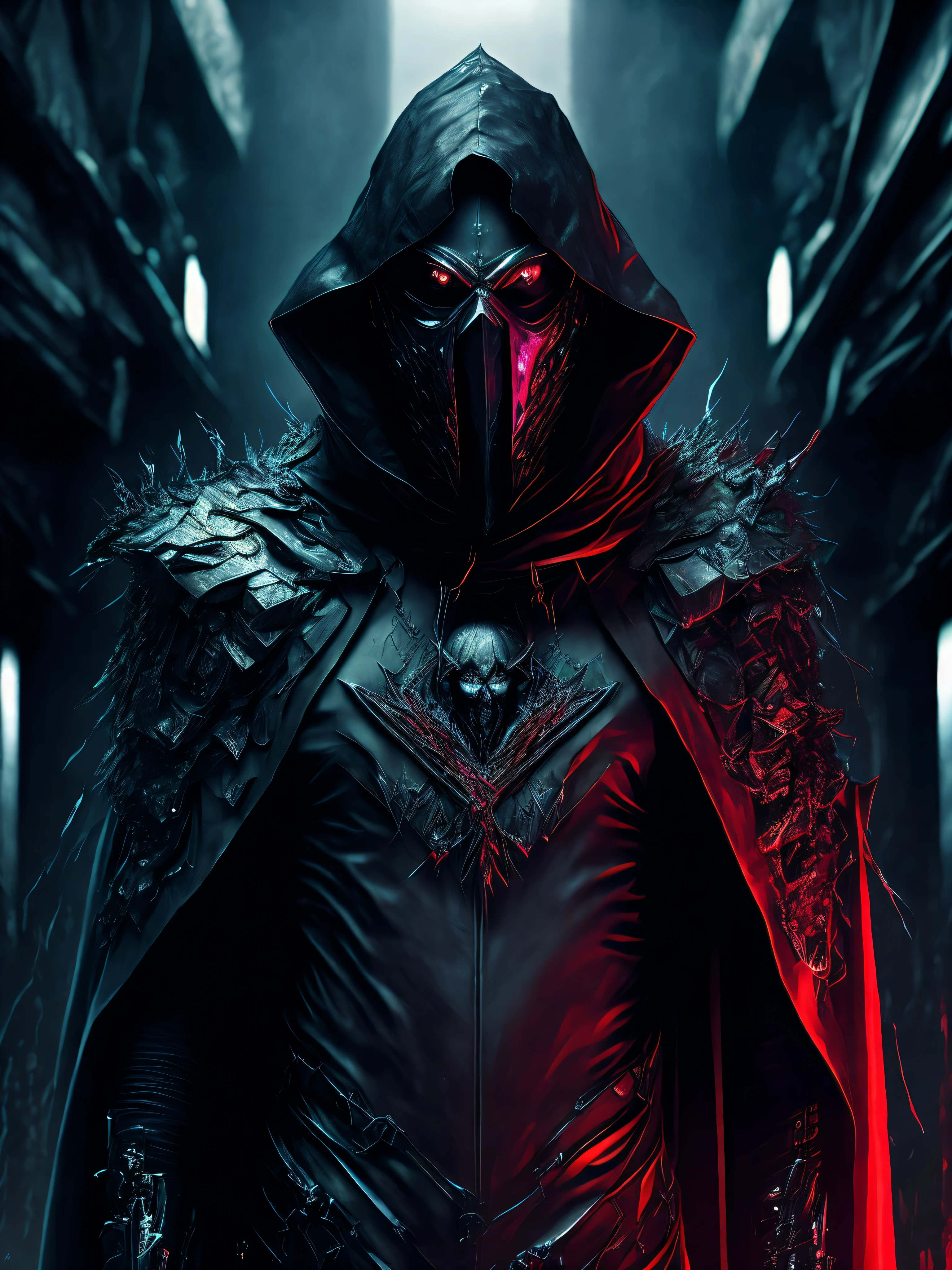 Man with red light and mask on the face of the lord fate with respirator and black angel wings on his back