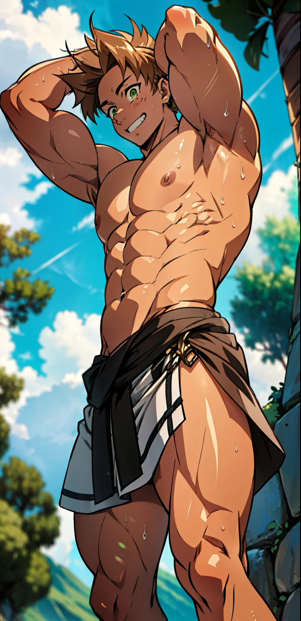 Showing off his muscular muscular back, red skin, bright red skin, the boy blushed shyly , rosy skin, shiny skin(muscular thigh muscles )( anime style, art) (photo angle from bottom up) (photo angle from the ground upwards) [Anime photo][highest quality photo][4k,HD photo quality ] wear tight and short loincloths ,the loincloth swelled(muscular thigh muscles, firm thigh muscles, muscular thigh muscles, sinewy thigh muscles, giant thigh muscles, strong leg muscles, muscular hamstring leg muscles)(thigh muscles bulging as if about to explode, muscular, calloused, sinewy, giant) , Rudeus Greyrat,fun, happy,bodybuilder,bodybuilding, standing, lots of sweat flowing down, topless, shirtless, hot sunny, 8 pack abs , short hair , green eyes, Side View , Raise your arms high to reveal your armpits, Hands behind the head.