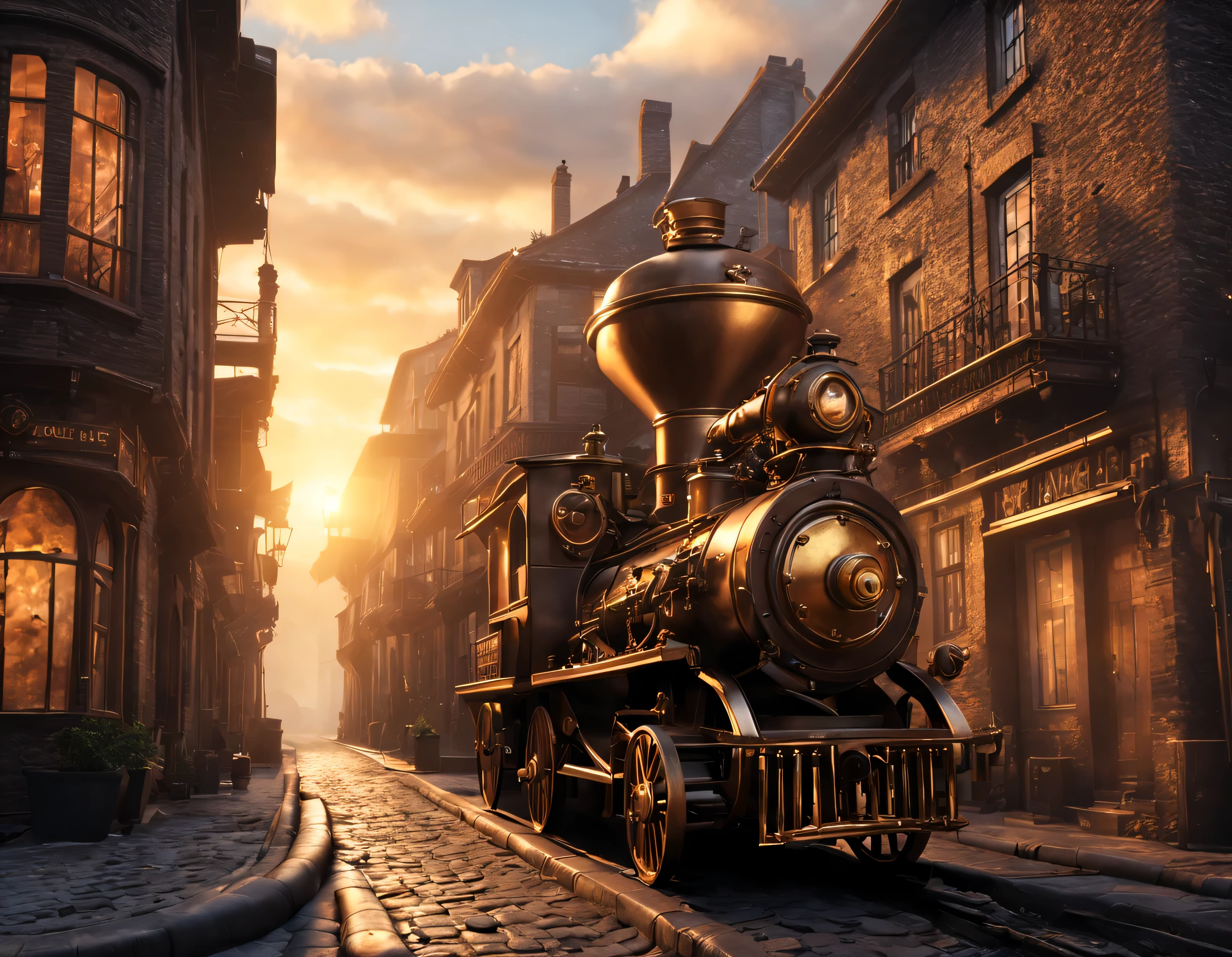 Un intrincado paisaje urbano steampunk al amanecer, with brass gears and steam rising from cobblestone streets, todo ello renderizado con una asombrosa claridad 8K. (intrincados detalles de la maquina). imagen fotorrealista, nitidez maxima, calidad de imagen 8k.(obra maestra de calidad superior). (renderizado 3D)
