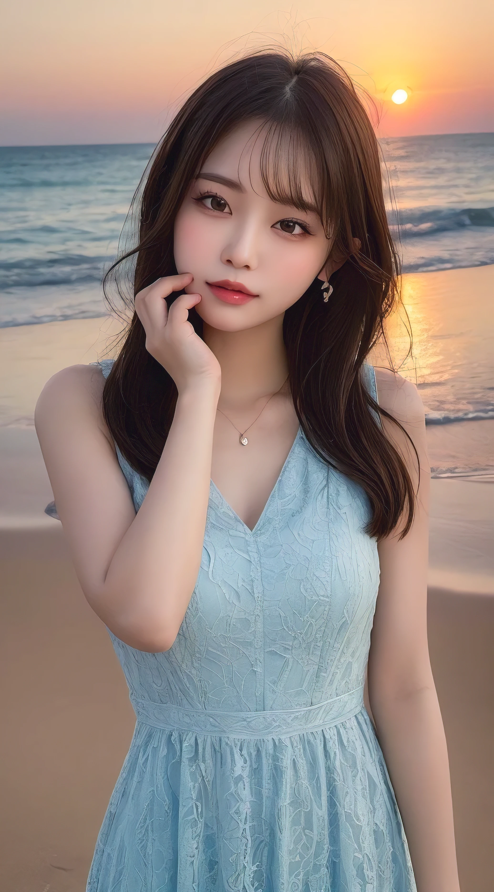 masterpiece, Best Quality, Illustration, Ultra-detailed, finely detailed, high resolution, 8K Wallpaper, Perfect dynamic composition, Beautiful detailed eyes, Wear a dress, Natural Color Lip, Beach, Random and cute poses, Kissing face, Close your eyes, Face Kiss Viewer, Perfect and beautiful face, Cute, Sexy face, Raise chin, Sunset