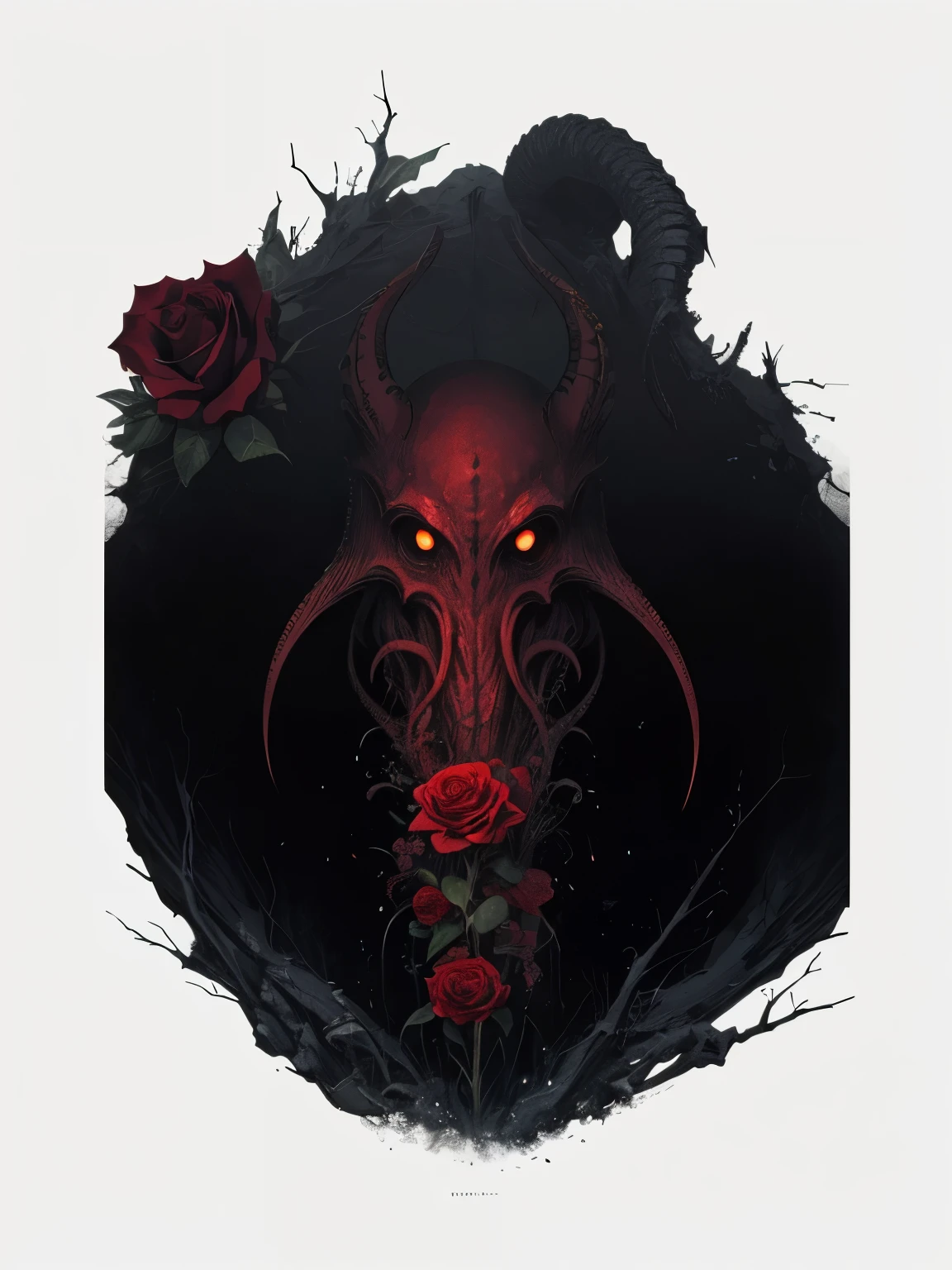 An eerie and mysterious depiction of Cthulhu on a white background, accompanied by a sick rose, a blood sickle, a void, an invisible worm, and a honeysuckle, with the sentence "Lovecraft's Secret Domain" written on the foreground, Vintage photorealistic color painting, using a variety of colors to create a vintage effect
