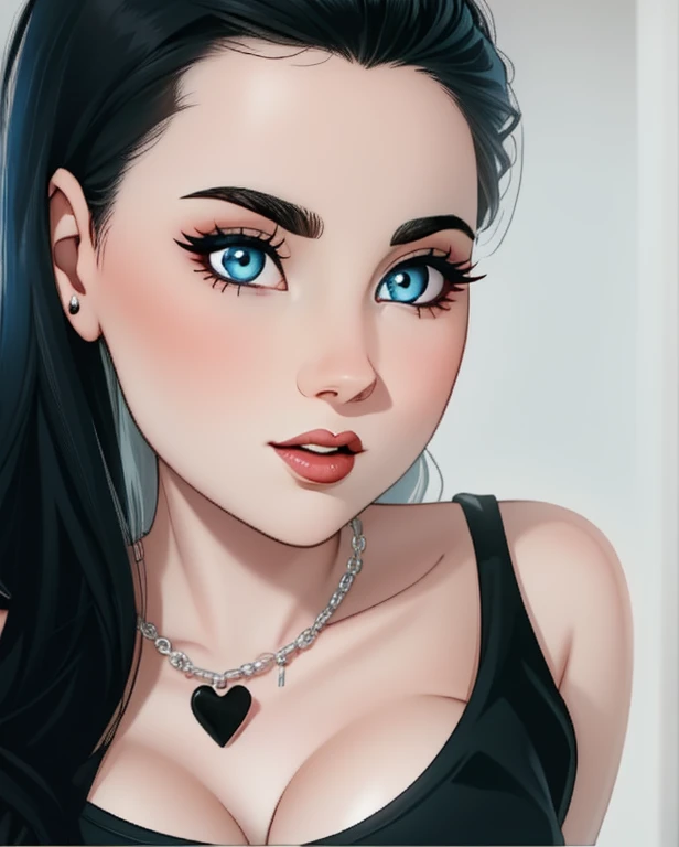 plucked woman with black hair and a heart-shaped necklace, Dark gothic queen with blue eyes, pale skin and dark eyes, com cabelos longos e olhos penetrantes, cabelo preto e olhos grandes, blue symmetrical eyes 24 years old, Evanescence, pale gothic beauty, olhos pretos e azuis, fair and pale skin!!, 1 7 goth girl