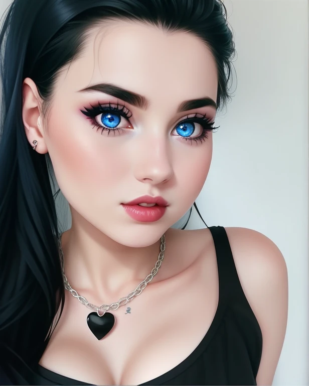 plucked woman with black hair and a heart-shaped necklace, Dark gothic queen with blue eyes, pale skin and dark eyes, com cabelos longos e olhos penetrantes, cabelo preto e olhos grandes, blue symmetrical eyes 24 years old, Evanescence, pale gothic beauty, olhos pretos e azuis, fair and pale skin!!, 1 7 year old goth girl