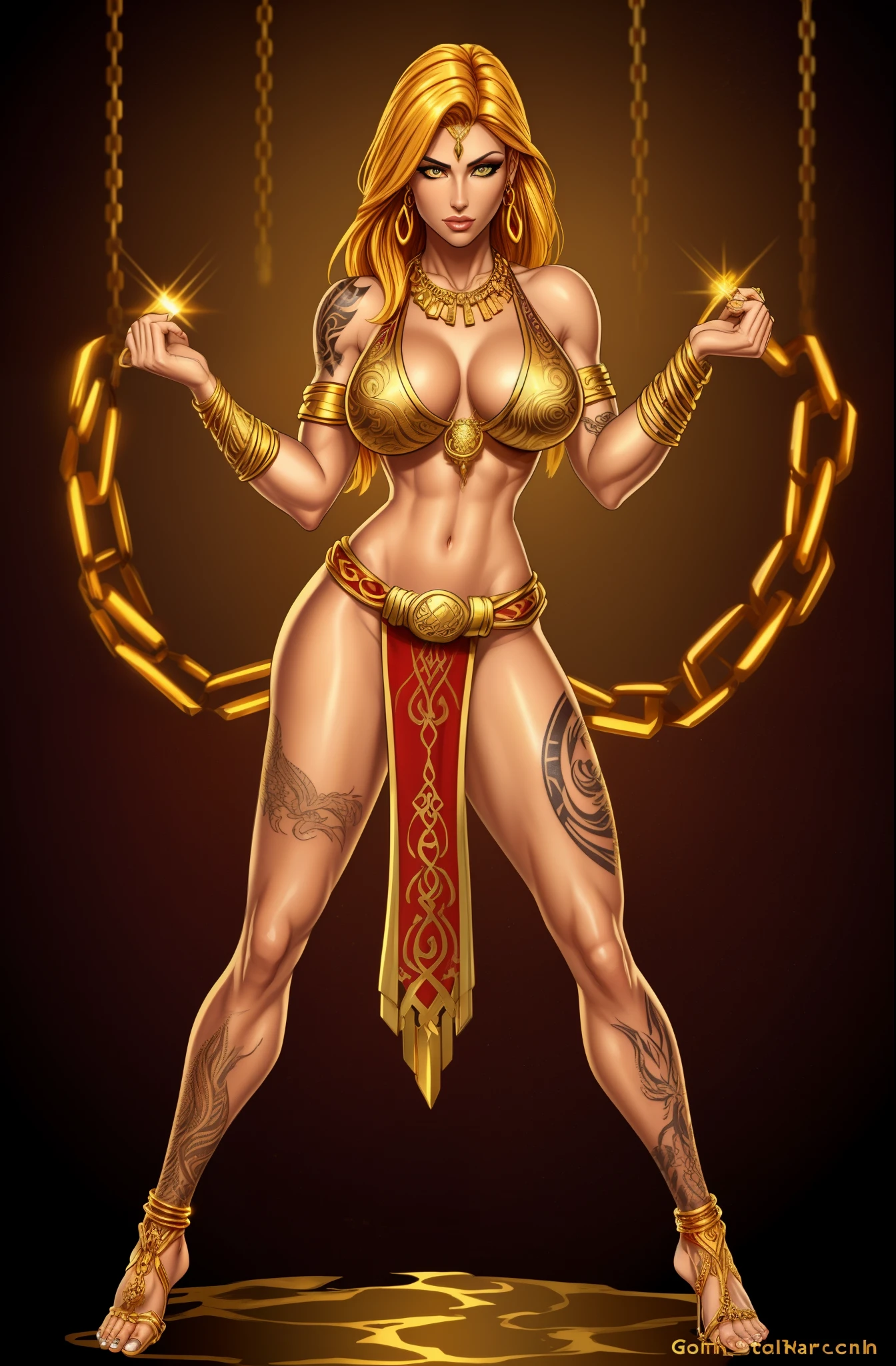 Fantasy Female barbarian, golden hair, fair skin, intricate tattoo, amber eyes, golden necklace, golden chains. full body shot, sexy pose