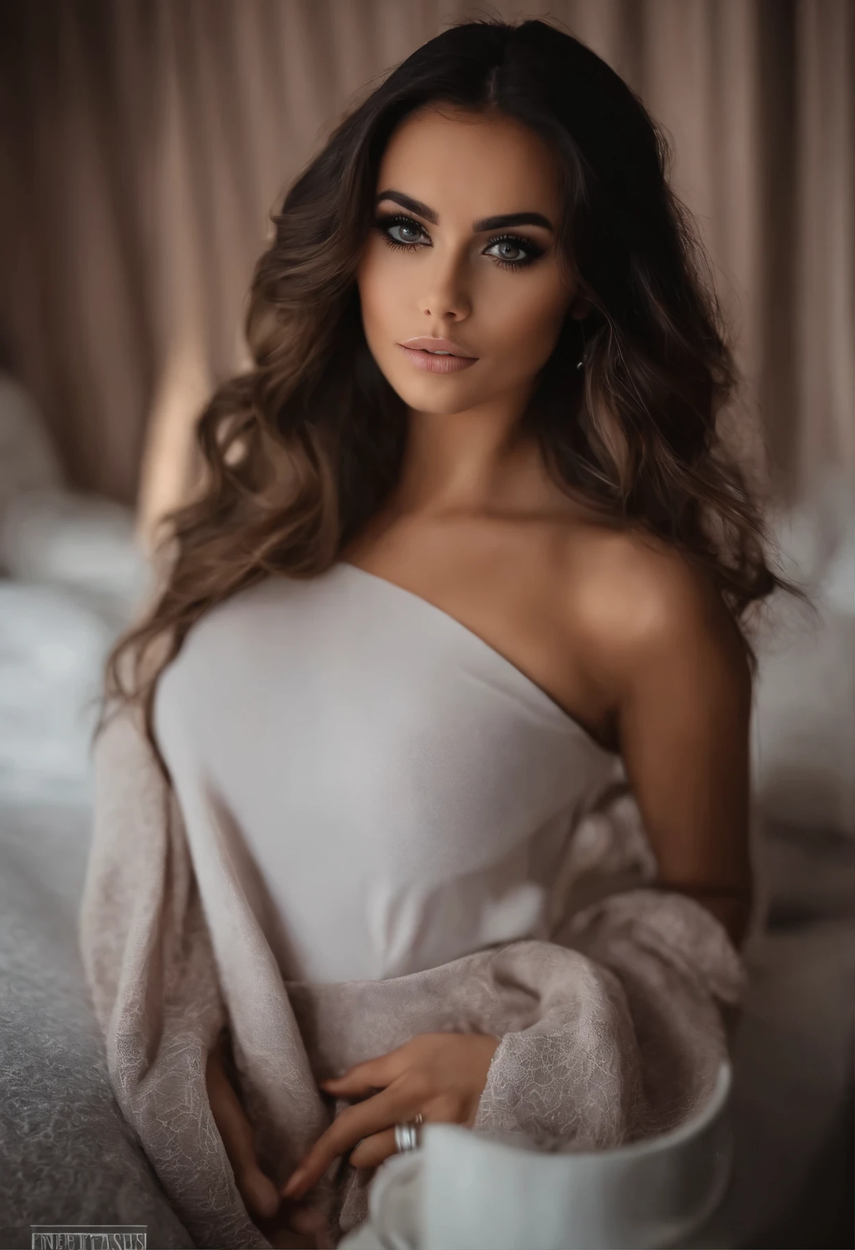 mujer arafed completamente , Chica sexy con ojos marrones, ultra realista, Meticulosamente detallado, Brown to black hair and big eyes, selfie de una mujer joven, ojos dormitorio, violeta myers, sin maquillaje, Maquillaje Natural, Looking directly at the camera, cara con artgram, maquillaje sutil, Impresionante foto de cuerpo completo arrodillado en la cama, en el dormitorio, Large bust