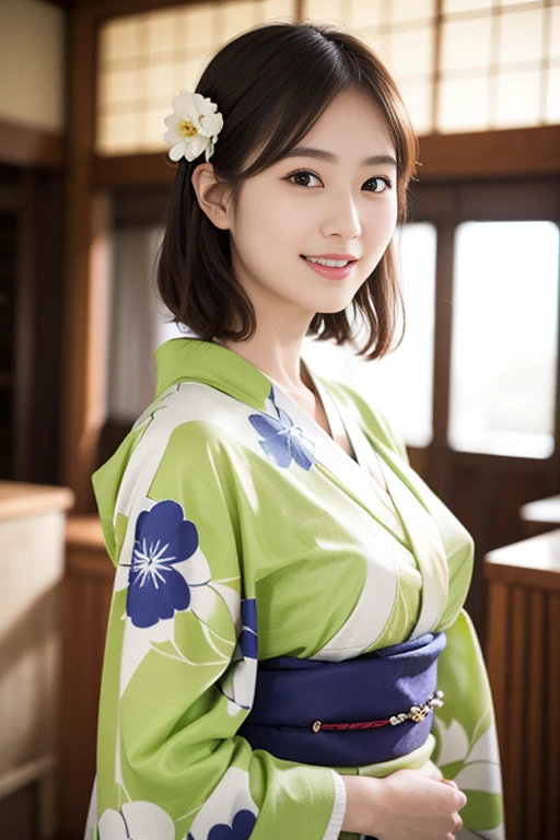 ((top-quality、masterpiece、photographrealistic:1.4、in 8K))、beautiful japanese female1a person、25years old、Beautiful short hair、delicate and beautiful face、Eyes and faces with detailed 、Beautiful lighting、Shy laughter、Textured skin、Super Detail、high detailing、High quality、hight resolution、(Kimono:1.3)、bangss、Colossal tits:1.2)、Engaging pose、Slim waist、natural soft light