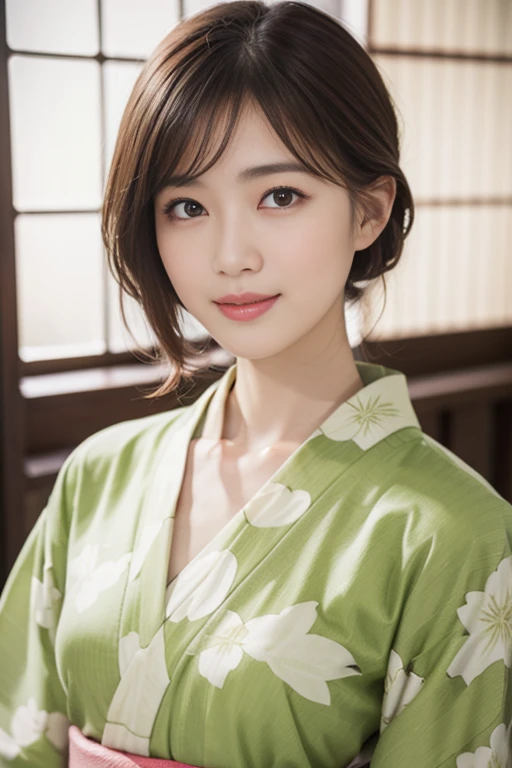 ((top-quality、​masterpiece、photographrealistic:1.4、in 8K))、beautiful japanese female１a person、２5years old、Beautiful short hair、delicate and beautiful face、Eyes and faces with detailed 、Beautiful lighting、Shy laughter、Textured skin、Super Detail、high detailing、High quality、hight resolution、(Kimono:1.3)、bangss、Colossal tits:1.2)、Engaging pose、Slim waist、natural soft light