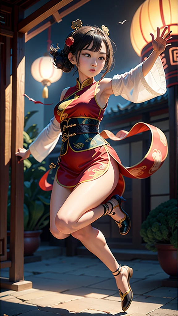 An ancient Chinese painting scroll，In the picture，The girl Chang&#39;e in gorgeous Hanfu，Charming，Curved eyebrows，slender eyes，Flying to the sky in Dunhuang style，Lightweight，The clothes are fluttering，like a dance in the air。She moves vigorously and gracefully，Complementing the ancient murals，During parkour，She makes some difficult moves from time to time，like rolling、jump、Taxi etc.，Elegant and agile posture，Combined with traditional Chinese cultural elements，Demonstrates the wisdom and strength of the Chinese nation，The whole picture is rich in color，with magnificence、Antique as the main tone。The bright colors of the murals in the Blue Rock Grottoes，Express youth and vitality；The girl Chang&#39;e&#39;s Hanfu is made of traditional Chinese red.、Bright yellow and other bright colors，Strong contrast with the background，Make the picture more vivid。The spectacular Dunhuang Grottoes in the background，Colors are warm，Showing the thickness and traces of time。In the picture心，A winding grotto corridor leads into the distance，The murals on both sides are lifelike，It's like telling an old story。There are also elements of traditional Chinese culture in the picture，Chinese dragon，Dragon culture，kite、paper lanterns、Chinese knot，national current，anime illustration，Featuring a playful character design style，Ultra high definition animation CG，3D rendering，Beautiful two-dimensional，Spring Festival poster，ultra HD16k
