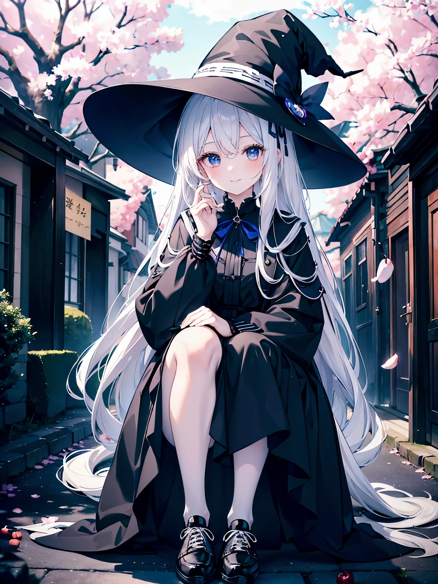 A white-haired girl smiling under a cherry tree、Woman wearing a large black witch hat with sapphire accessories、is wearing a black coat、She is wearing a white dress with a navy blue ribbon on the inside.、black stockings、Black sneakers with white shoelaces、