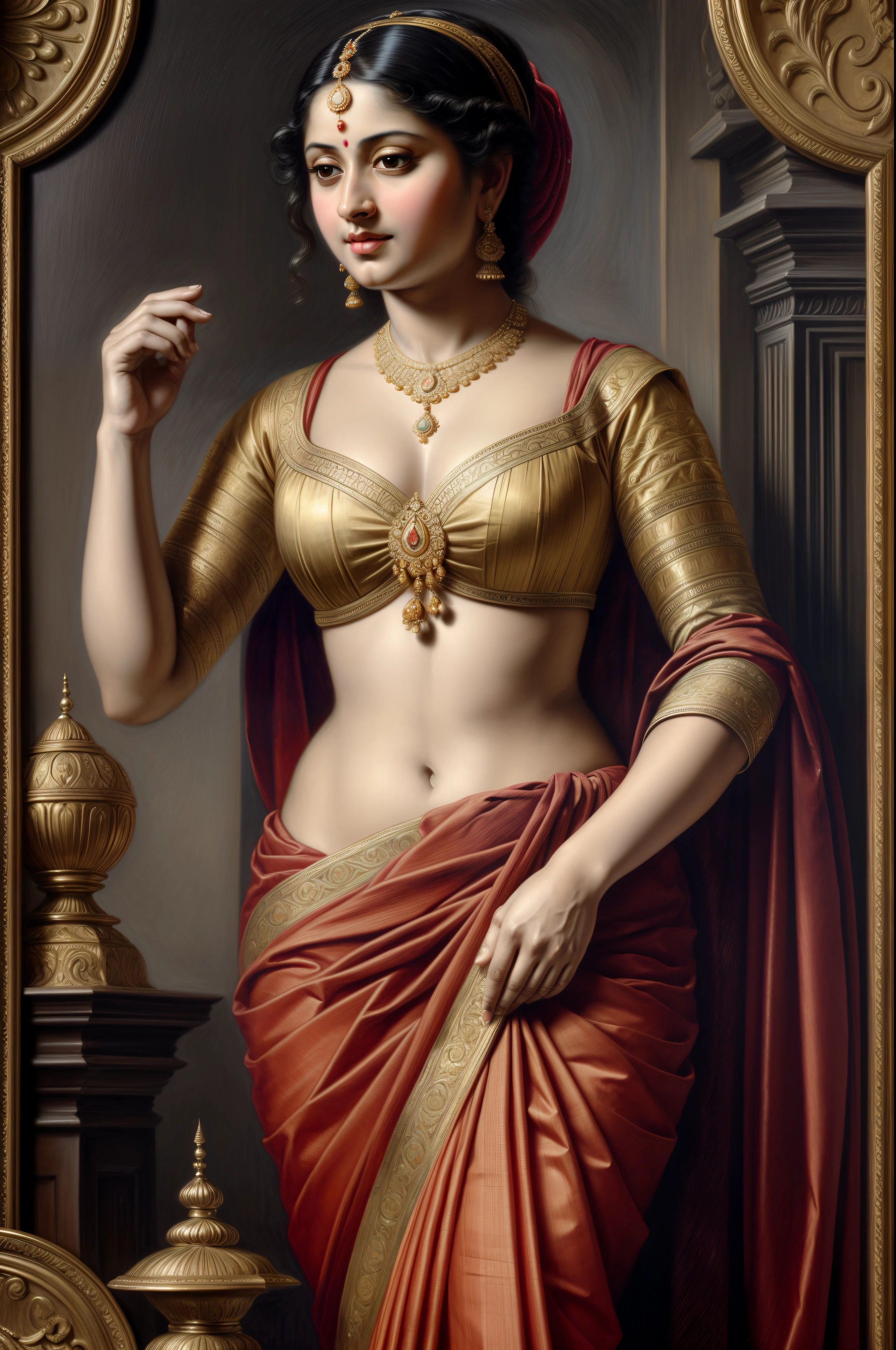 Beautiful Indian Woman, wearing saree, sari Beauty, gorgeous, Apsara, Maharani, royal queen woman, nymph from Hindu Mythology, Urvashi, matchless beauty, Highly detailed, Oil Painting by Peter Paul Rubens inspired by Raja Ravi Varma, Matchless beauty, captivating, gorgeous, heavenly beauty, celestial beauty, by Peter Paul Rubens, 1893, realistic, hyper realistic, micro details, incredible artwork, insane details, ultra High resolution, 8k, 32k,  acrylic on canvas, intricate, flawless, detailed, detailed face, detailed eyes, masterpiece, by Peter Paul Rubens, by Caravaggio, by William Adolphe bouguereau, perfect face, perfect body, beautiful art, realism, baroque, renaissance Art, highly textured, beautiful and detailed eyes, uhd, best quality,