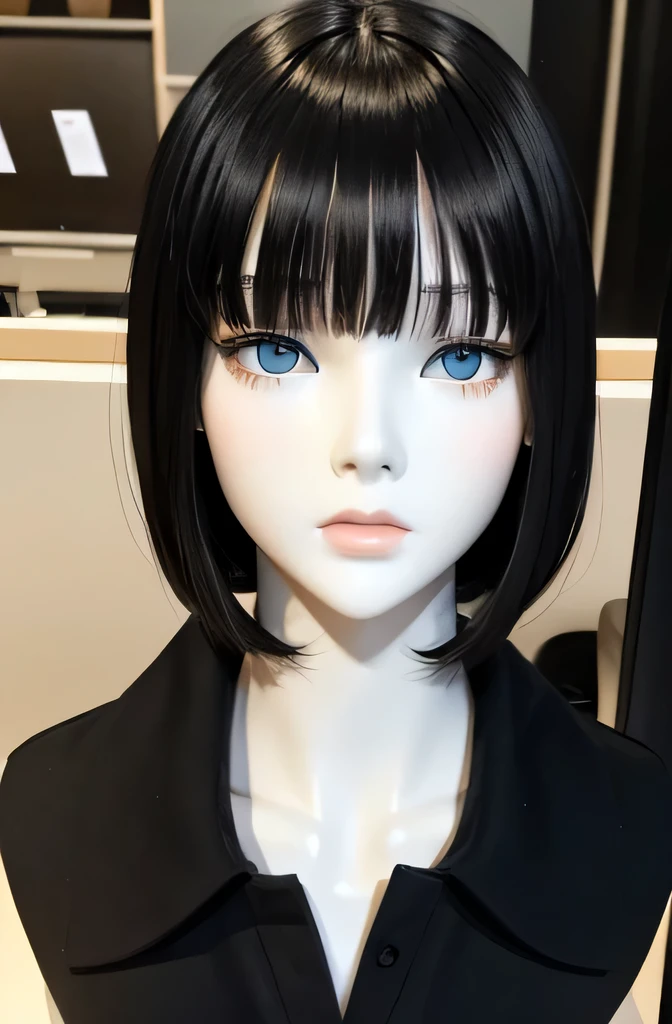 全身mannequinディープキス,そのmannequinは美しいです,mannequin is a high school girl,mannequinの身長は165cmです,mannequinの色&#39;my face is white.,mannequinの色&#39;The body is pure white.,mannequin has black hair(straight hair,Slightly short-haired,bangs),あのmannequinは顔が細くて小さい.,mannequinの色&#39;lips are light pink.,mannequin&#39;eye color is black,mannequin is stroking the computer.,mannequinはコートを着ています
