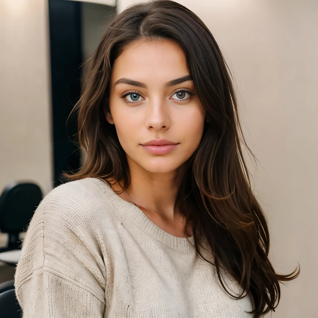 beautiful brunette wearing light beige sweater (taking care of nails in a modern beauty salon), very detailed, 21 years old, innocent face, natural wavy hair, blue eyes, high resolution, masterpiece, best quality, intricate details, highly detailed, sharp focus, detailed skin, realistic skin texture, texture, detailed eyes, professional, 4k, charming smile, shot on Canon, 85mm, shallow depth of field, kodak vision color, perfect fit body, extremely detailed, foto_\(ultra\), photorealistic, realistic, post-processing, maximum detail, roughness, real life, ultra realistic, photorealism, photography, 8k uhd, photography