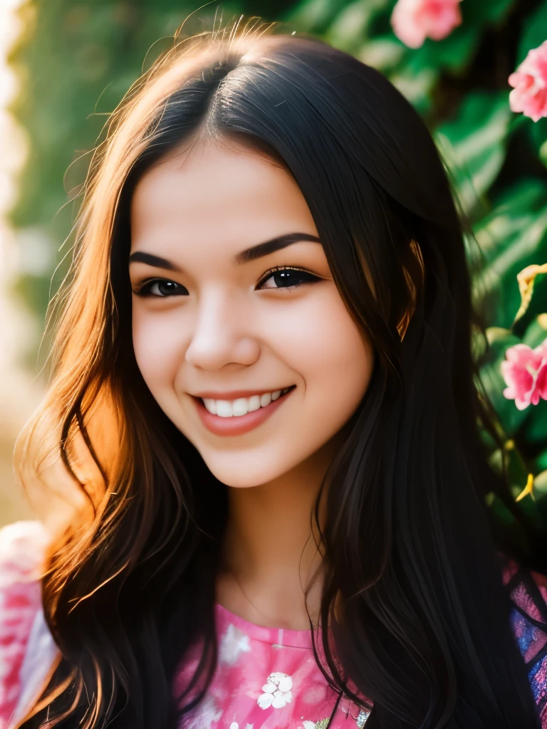 1girl, photograph of a pretty woman, 23yo, jubilant, long exposure, sharp focus on subject, floral hedge background, vibrant color, colorful, depth of field, 35mm Lens, f1.8, film grain, colorful