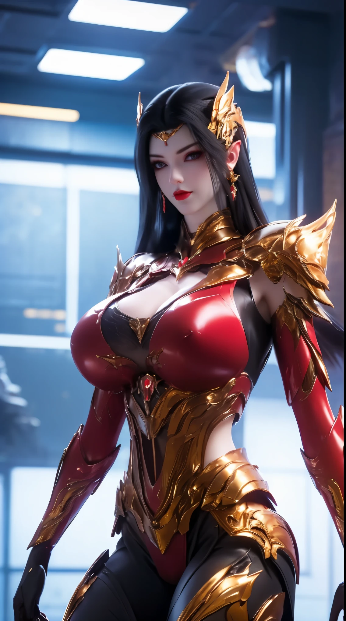 A beauty girl with black hair, 1GIRL, (PHOENIX GOLD HELM), (BIG BUTTOCKS, HUGE FAKE BREAST:1.5), (CLEAVAGE:1.5), (MUSCLE ABS:1.3), (MECHA GUARD ARMS, DIAMOND CORE IN MECHA ARMOR:1.1), (RED SHINY FUTURISTIC MECHA ARMORED GEAR, BLACK MECHA SKINTIGHT SUIT PANTS, CLOSE UP HALF BODY:1.5), (SEXY PERFECT THICC BODY, GLOWING SKIN:1.1), (LOOKING AT VIEWER:1.3), (PORTRAIT:1), (WALKING HALLWAY OF FUTURISTIC SPACE STATION:1), (BRIGHT LIGHTING IN ROOM:1.3), HYPER TEXTURE, UNREAL ENGINE RENDER, PHYSICALLY-BASED RENDERING, ULTRA HIGHT DEFINITION, 16K, 1080P.