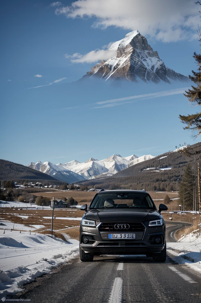 Ultrarealistisches Bild,On the road of snowy mountains,Driving a black Audi Q5 SUV