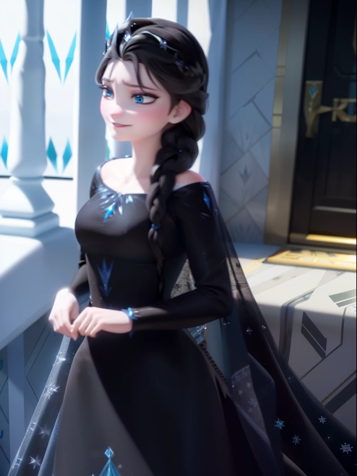 Elsa of erendelle, smiling,((black hair:1.4)),Balcony,Braided hair,(Blue dress),(ice queen dress)