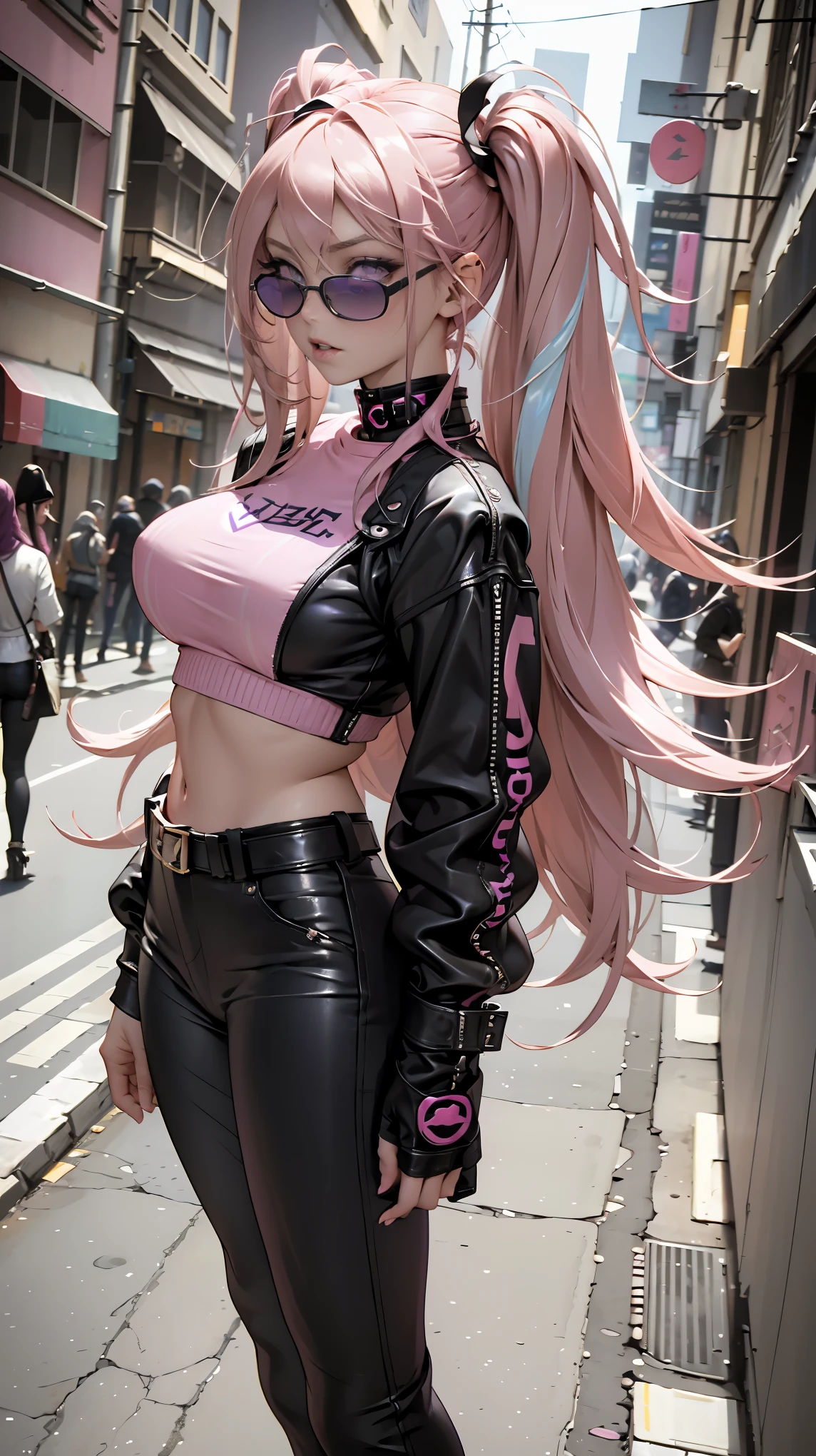 Araffe with long pink hair and a black jacket posing for a photo, solo girl, solo, anime girl cosplay, anime girl in real life, anime cosplay, hyper realistic anime, anime character; full body art, realistic anime, realistic anime art style, ultra-realistic anime, anime character, as an anime character, anime-inspired, big boobs, sensual, cleavage, realistic anime girl, waifu anime. (Maximum quality, ultra detailed and realistic, professional photography, masterpiece, depth of field, realistic style).