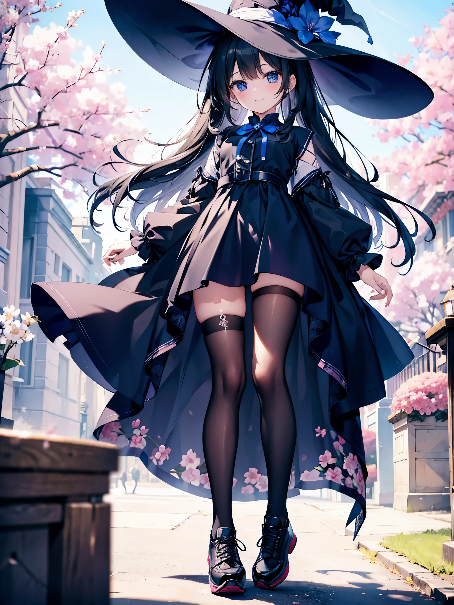 A girl smiling under the cherry blossom tree、Woman wearing a large black witch hat with sapphire accessories、She is wearing a white dress with a navy blue ribbon.、black stockings、Black sneakers with white shoelaces、