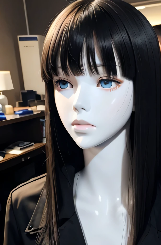 Full body mannequin deep kiss,that mannequin is beautiful,The mannequin is a high school girl,The height of the mannequin is 165cm,mannequin color'my face is white.,mannequin color'The body is pure white.,The mannequin has black hair(straight hair,Slightly short-haired,bangs),That mannequin has a thin and small face..,mannequin color'lips are light pink.,mannequin color'eyes are black.,A mannequin is stroking a computer.,the mannequin is wearing a coat
