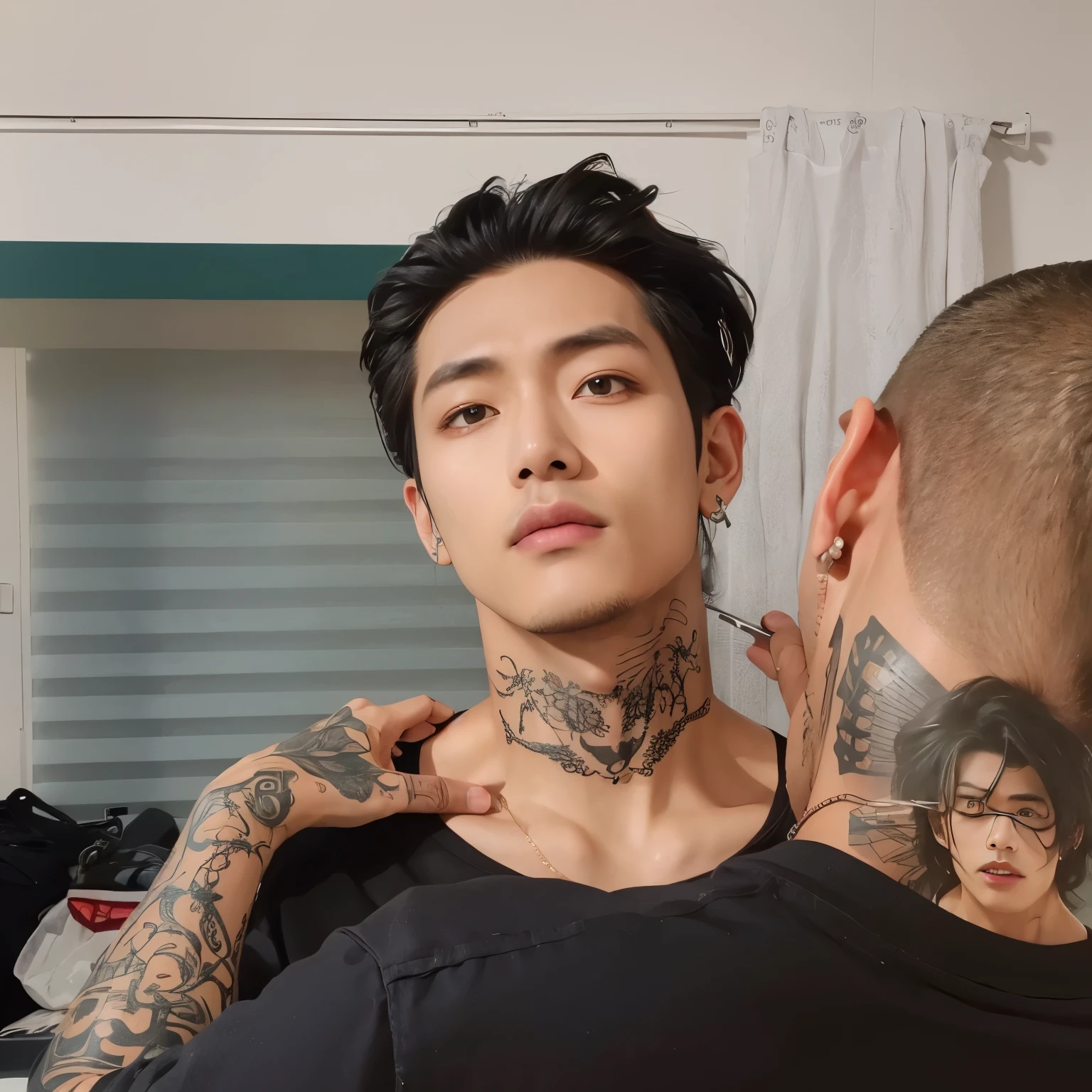 arafed man with a tatuagem on his neck getting his hair cut, with facial tatuagem, cai xukun, Jung Jaehyun, neck tatuagems, artista coreano, face tatuagem, taejune kim, Kim Doyoung, Jinyoung Shin, facial tatuagems, face tatuagems, hyung tae, tatuagem, pintar ulzzang, inspirado em Gang Se-hwang, inspirado em Zhang Han