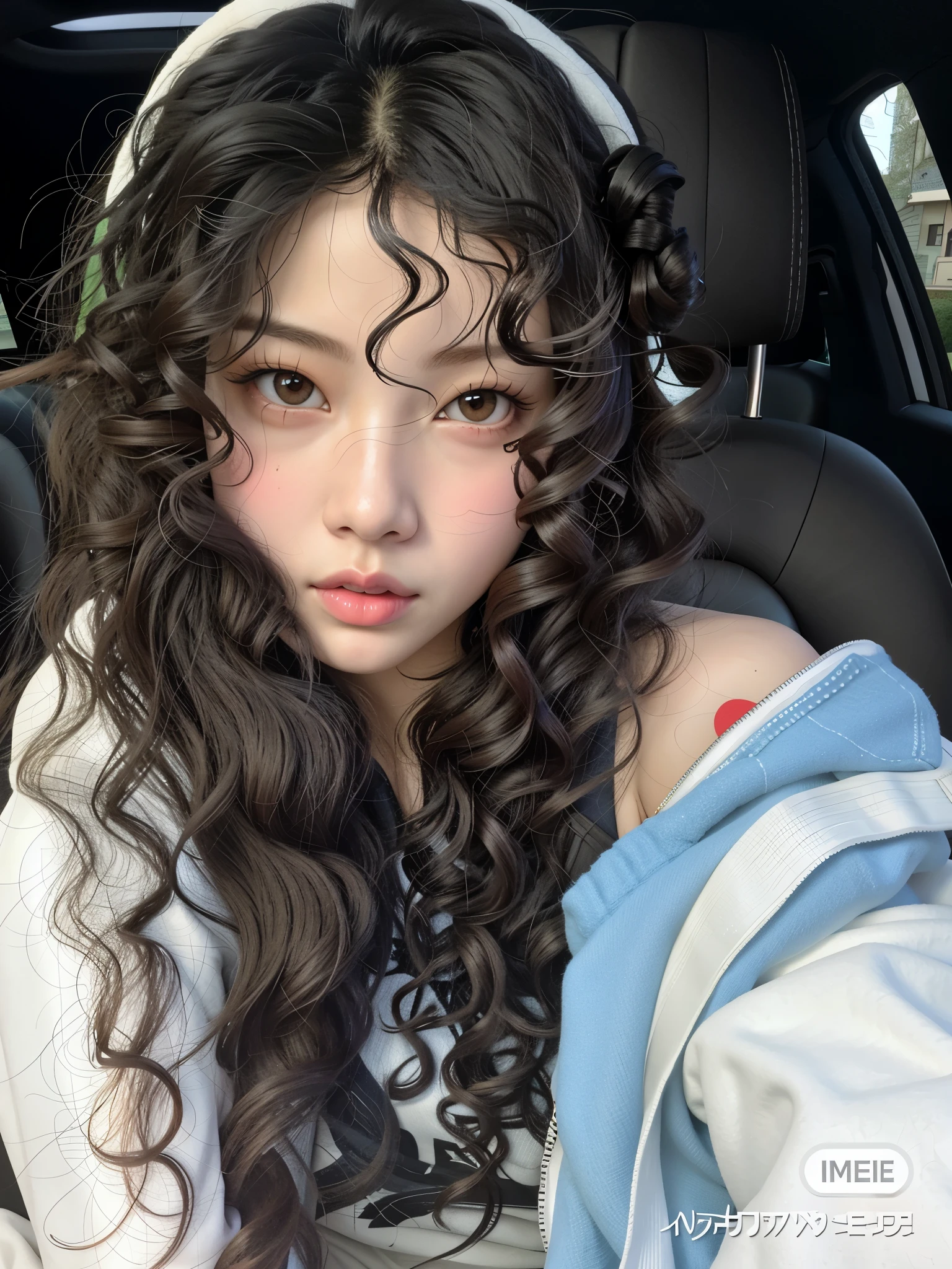 a close up of a woman com cabelo comprido wearing a pink sweater, com cabelos longos e cacheados, franja encaracolada, Corte de cabelo cacheado com parte do meio, Ulzzang, long and messy curly hair, com cabelo comprido, com cabelo comprido and piercing eyes, cabelo branco cacheado, asian girl com cabelo comprido, fotografia selfie 8k, cabelos ondulados espalhados, ela parece uma mistura de sujeira