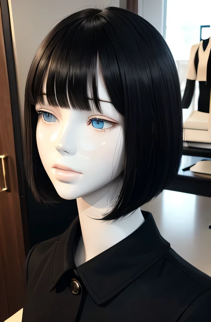 Full body mannequin deep kiss,that mannequin is beautiful,The mannequin is a high school girl,The height of the mannequin is 165cm,mannequin color'my face is white.,mannequin color'The body is pure white.,The mannequin has black hair(straight hair,Slightly short-haired,bangs),That mannequin has a thin and small face..,mannequin color'lips are light pink.,mannequin color'eyes are black.,A mannequin is stroking a computer.,the mannequin is wearing a coat