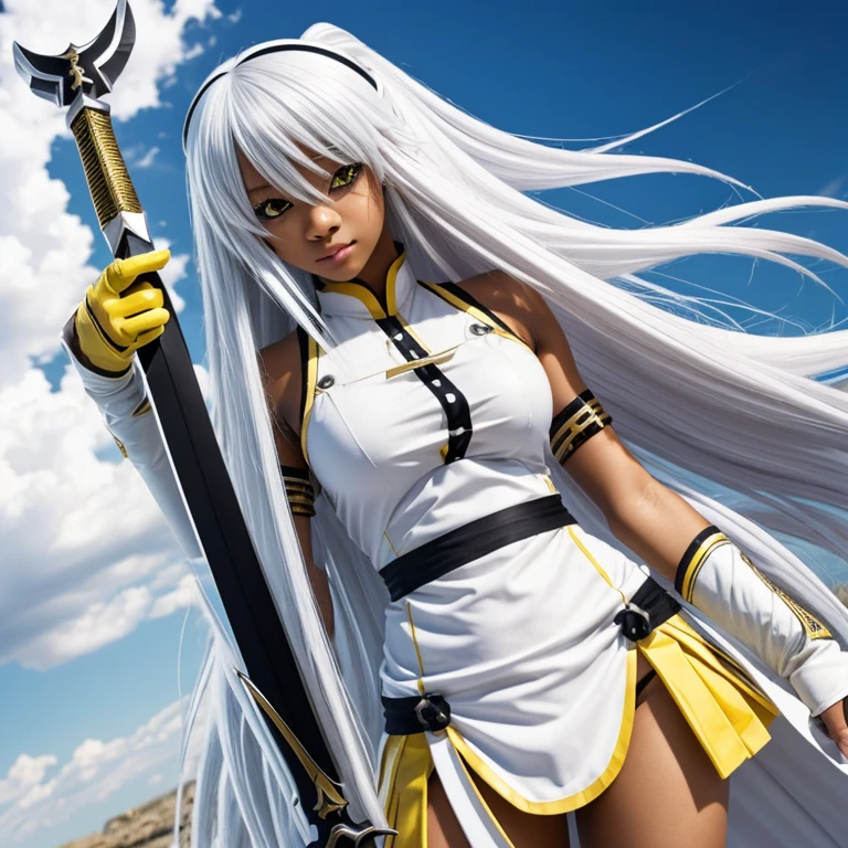 Black anime girl with long white hair in a white outfit, yellow eyes, with a sword, impatic genshin style