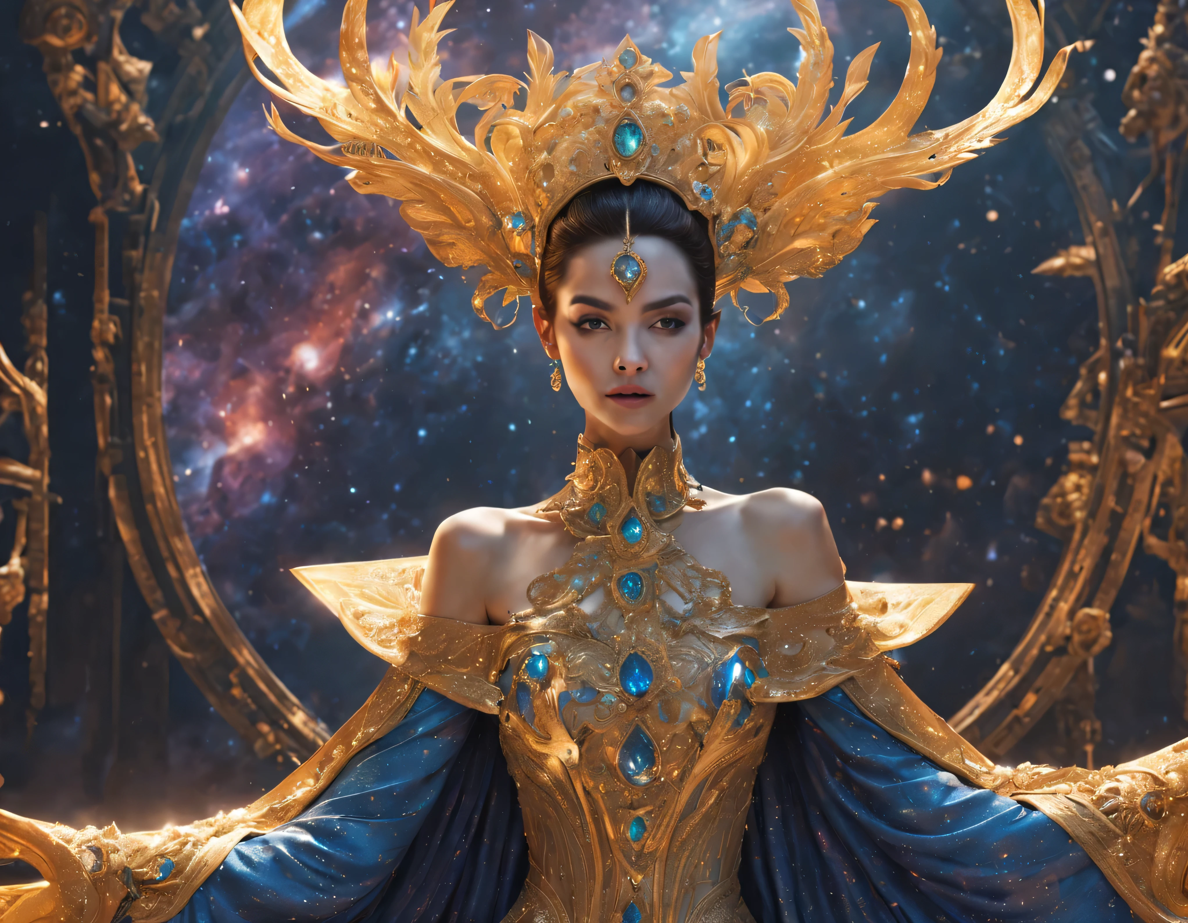 (cuerpo completo), hembra alienigena extraterrestre parecida a pauline hoarau en su papel de empress aloi de valerian y la ciudad de los mil planetas ,vestida de traje de noche corto, engarzado con oro refulgente, priedras preciosas de colores y diamantes, (se encuentra en centro de control de estacion espacial),detalles intrincados de la maquina de alta calidad), estilo cinematografico, nitidez absoluta, imagen 8k.(obra maestra).fondos de pantalla, ultra detallado.