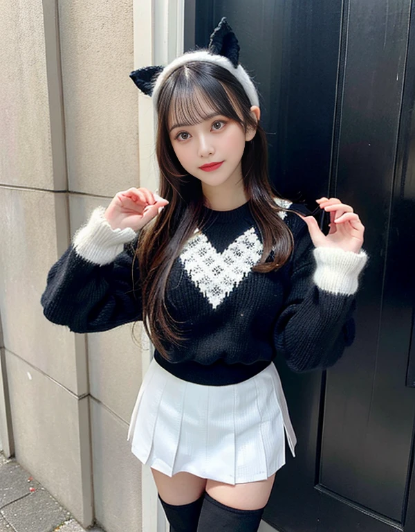 ((highest quality)), ((masterpiece)), (be familiar with), perfect face,Beauty,Black knitted clothes,white mini skirt,knee high socks,short boots,medium breasts,Big eyes,hands behind head,wink,Heart-shaped hole on the chest of the clothes,two arms,two legs,5 fingers,