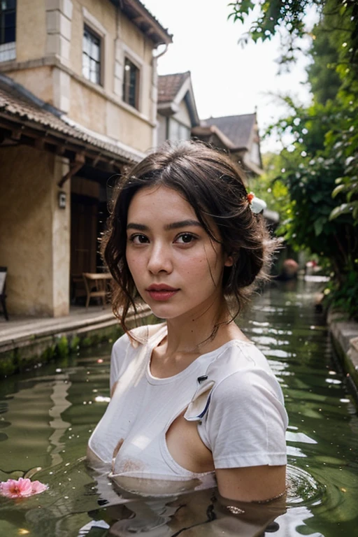 Leonardo ai, a Thai woman, beautiful face, prominent nose, eyes that are suitable for the face. beautiful red lips Wear a white t-shirt and underwear. Bathing in the canal in front of the house It is a very beautiful picture. A beautiful, realistic woman with white skin, pink cheeks, cute, like a god born. The picture is clear and complete with fingerprint details. The environment is forest. The water in the canal is very clear. There were rocks scattered on the surface of the water. A thin mist rose and mixed with the surface of the water. The most beautiful in the world, the most beautiful, everyone who sees it falls in love. 