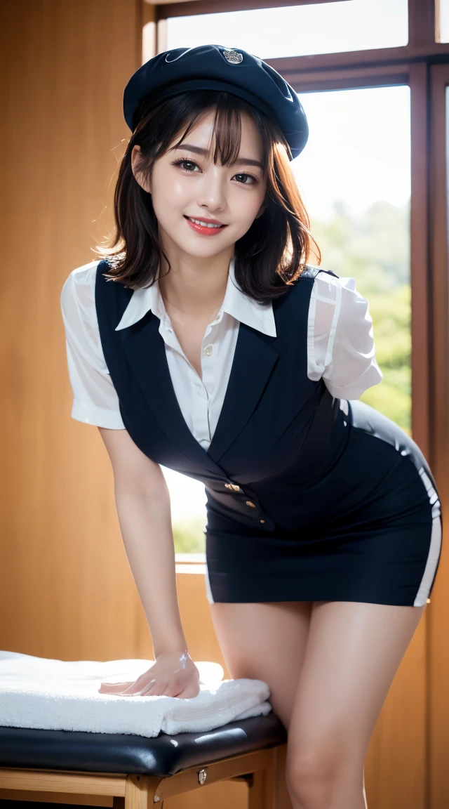 (((full body,including legs)))、(((sexual oil massage))),(((perfect uniform of Japanese stewardess, vest-dress uniform、small hat,(black high-heel),  (((with oil,oily hand,oily skin,oil massage))),little smile,white blouse,tight blouse)))、(((navy bowler hat),navy hat)), high heel、Dressed up、(Photo real:1.4)、(A hyper-realistic:1.4)、(Photorealistic:1.3)、 (gentle lighting: 1.05)、(Improve the lighting quality of your video:0.9)、32k、 1Girl、28years old girl、photorealistic lighting、Back lighting、Facial Lights、Ray Trace、(bright:1.2)、(Increase quality:1.4)、 (best quality real texture skin)、Fair eyes,Delicate and delicate face, Close-up of the breasts, white blouse,tight blouse,tight vest-dress uniform, (Bodyline mood improvement:1.1)、good figure,Glossy skin、wavy hair,blonde hair,韓国アイドル、乃木坂アイドル、Sculptural Idol Pose、little smile,blush,Beautiful actress、Neat woman,whole body, (((midium breasts,beautiful breasts))),(perfect row of teeth),slender waist and hip,beautiful long legs,full shot)、((8heads tall)、(((誘惑している、恥ずかしい)))、dynamic pose,gravure pose,((red cheek、red lips)),Super Clean Night View、night time、blush,little smile,(((full shot)))、Super Clean Night View、night time、blush,little smile,(((full shot)))、(((in the luxury massage room,sexual oil massage,with bed,with tree,dark light,in the night,with window,neon sign))),