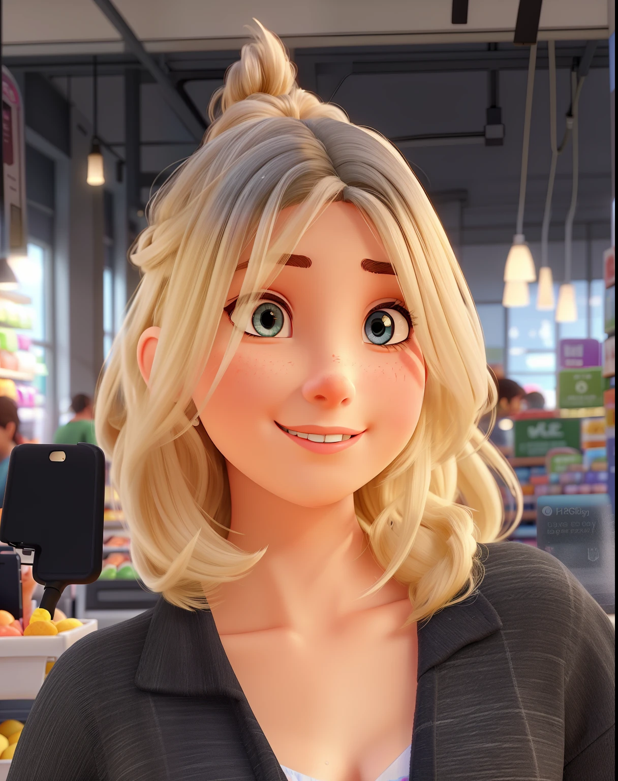 Illustration of a young woman who works as an influencer in supermarkets, bringing great offers to her customers. She has a determined look and wears light, flowing clothes in soft colors, because it's summer like white and light blue. She is in a supermarket with her cell phone in her hand making a story for Instagram, showing everyday life in the supermarket, reflecting the Disney Pixar style, 3D, with maximum image quality. full body image
