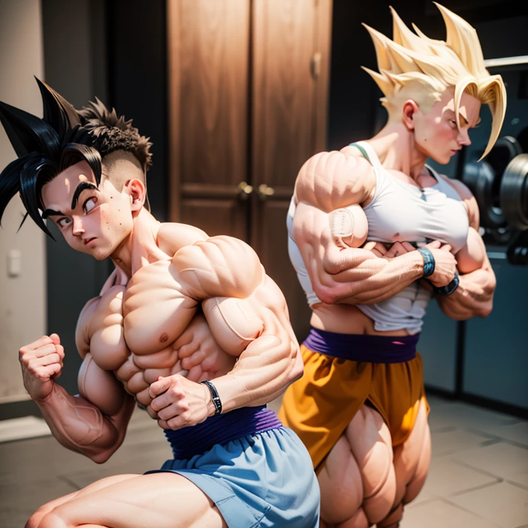 (Eine detaillierte Zeichnung von gohan, Bodybuilding-Fitnessstudio.), with a bare torso, huge muscular body, Big Bizeps, Big shoulders, Muskelbeine,Abs, posing on Venice muscle Beach