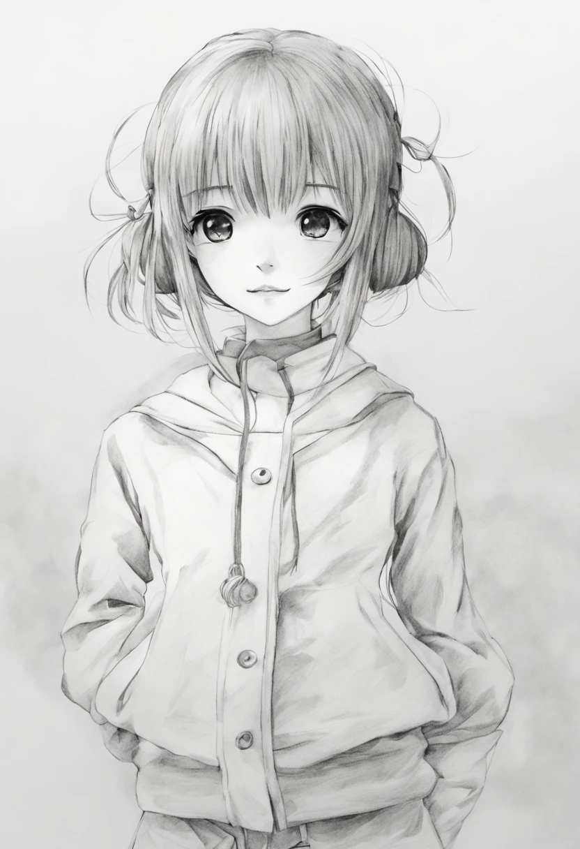 pencil sketch of a cute anime girl. hand drawn, attention to detail, white background