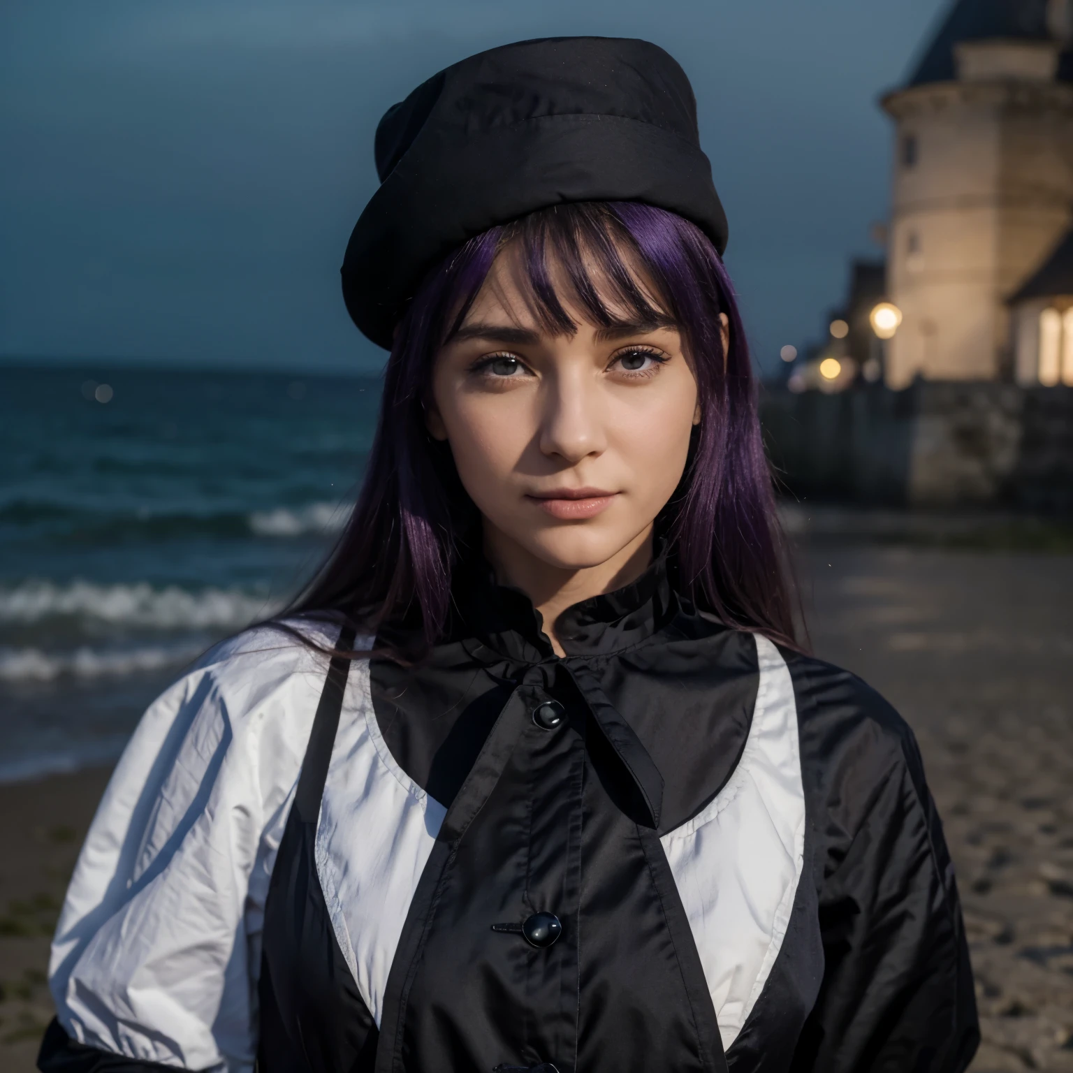 chef-d'œuvre, meilleure qualité, Aigrette à souris, chapeau violet, pince à cheveux, ruban vert, veste violette, gants blancs, ceinture, minijupe violette, Haut du corps, Rougir, sourire, Regarder la visionneuse, plage, nuit, lune, Feux d'artifice, mains à la poitrine