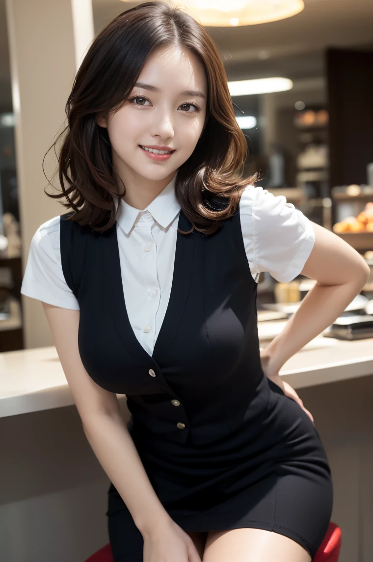 (((full body,including legs)))、(((cute counter staff,sexy counter staff,little smile,blush,red cheek,in the cafeterria,open legs apart,sitting down the chair))),(((perfect uniform of Japanese stewardess, black vest-dress uniform,white tight blouse,black mini skirt,black high-heel,little smile,white blouse,tight blouse))) ,high heel、Dressed up、(Photo real:1.4)、(A hyper-realistic:1.4)、(Photorealistic:1.3)、 (gentle lighting: 1.05)、(Improve the lighting quality of your video:0.9)、32k、 1Girl、28years old girl、photorealistic lighting、Back lighting、Facial Lights、Ray Trace、(bright:1.2)、(Increase quality:1.4)、 (best quality real texture skin)、Fair eyes,Delicate and delicate face, Close-up of the face, white blouse,tight blouse,tight black vest-dress uniform,black mini skirt, (Bodyline mood improvement:1.1)、good figure,Glossy skin、wavy hair,curly hair,blonde hair,韓国アイドル、乃木坂アイドル、Sculptural Idol Pose、little smile,blush,Beautiful actress, (((large breasts,beautiful breasts))),(perfect row of teeth),slender waist and hip,beautiful long legs,full shot)、((8heads tall)、(((誘惑している、恥ずかしい)))、dynamic pose,gravure pose,(eye shadow),((red cheek、red lips)),Super Clean Night View、night time、blush,little smile,(((full shot)))、Super Clean Night View、night time,in the cafeterria,open legs apart,sitting down the chair))),