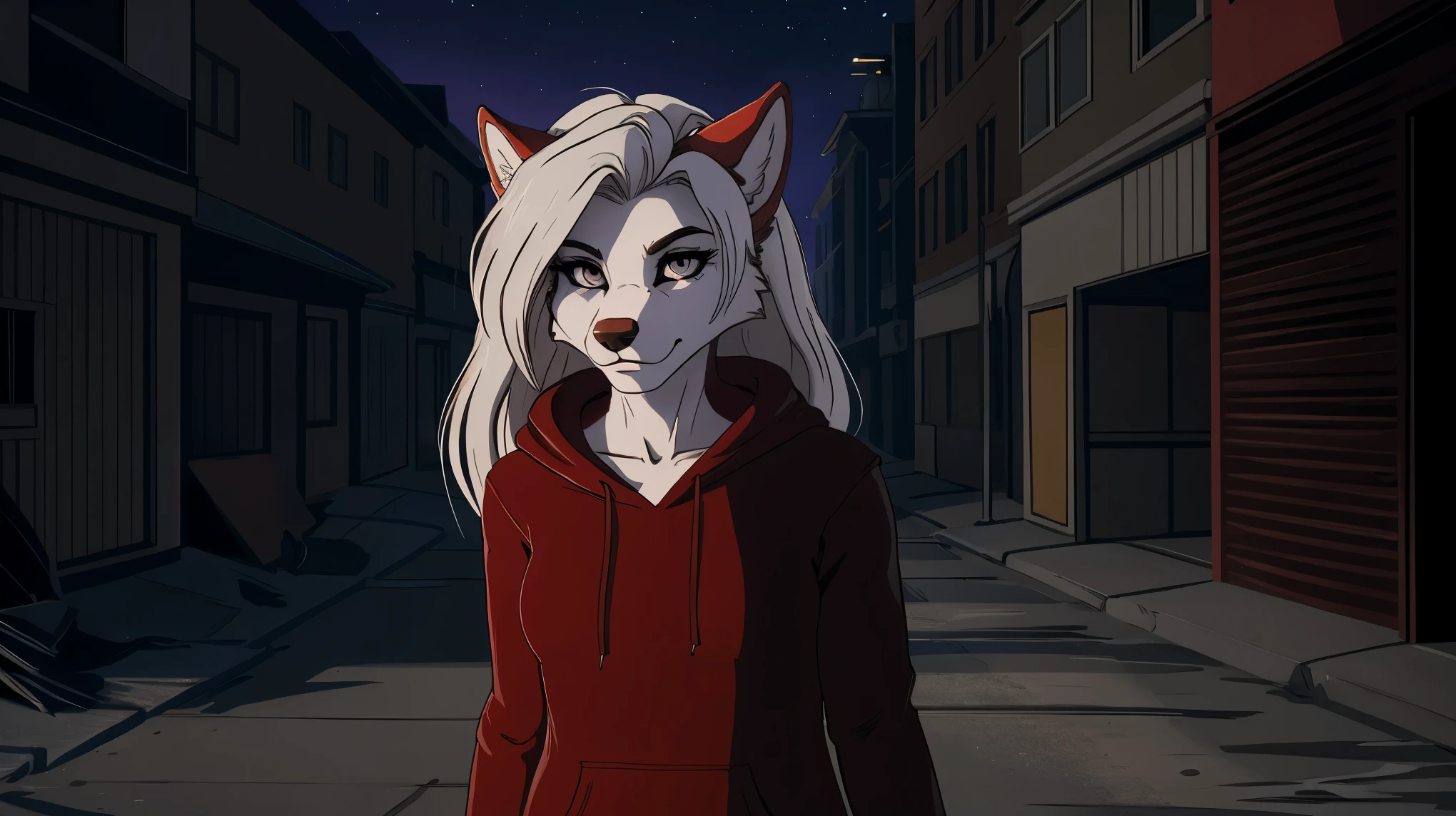 Loona, female, wolf, anthro, long white hair, light grey eyes, wearing a red hoodie, using a flashlight, walking in a street, abandoned neighborhood at night, usa, serious, foggy, no lights, creepy ambience, scary, omnious, extremely detailed, solo, beautiful, high quality, 4K, 8K, HDR