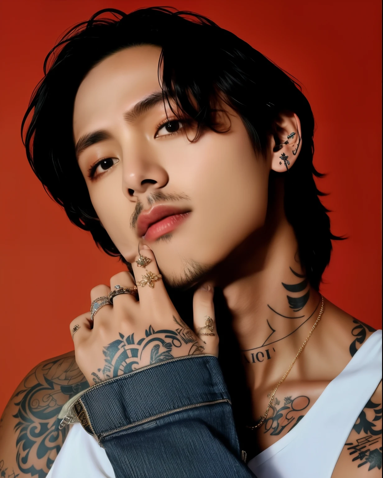 foto realista de (um jungkook) cabelos longos e pretos, tatuado, tongue out, ambiente escuro, 8k high resolution, crisp detail, realisticamente