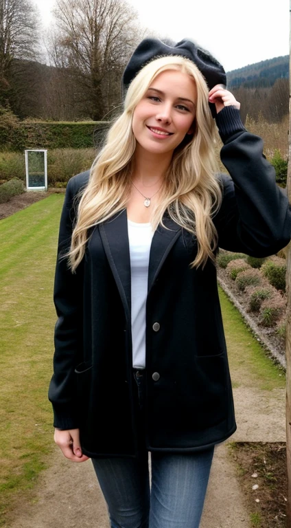 A 23 year old blonde woman, ((big )), ((Hyperrealismus)) ,. Blondes Haar mit hellbraunem Ansatz. blondes Haar, Haare mit braunen Wurzeln, extra langes Haar, sehr langes Haar, wirklich lange Haare, Nice, Vorderansicht, in einer warmen jacke, schaal, Cap on the head, in the garden, im schnee, with a good quality, Selfie iPhone, Dekollete