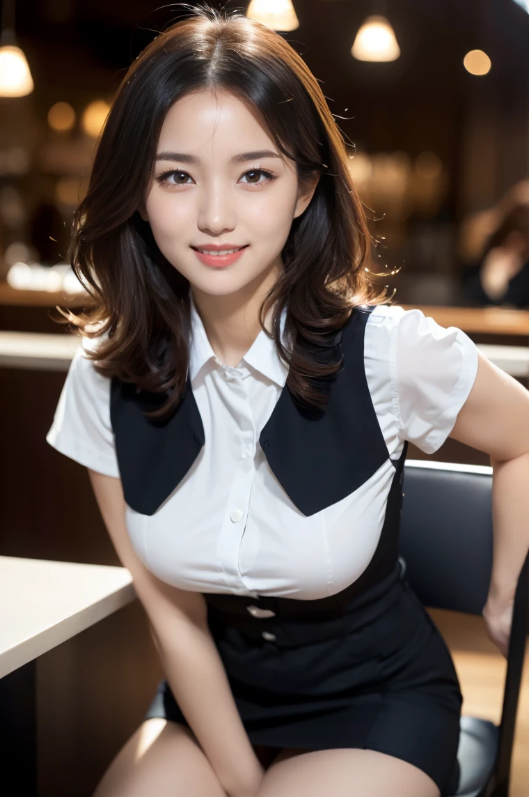 (((full body,including legs)))、(((cute counter staff,little smile,blush,red cheek,in the cafeterria,open legs apart,sitting down the chair))),(((perfect uniform of Japanese stewardess, black vest-dress uniform,white tight blouse,black mini skirt,black high-heel,little smile,white blouse,tight blouse))) ,high heel、Dressed up、(Photo real:1.4)、(A hyper-realistic:1.4)、(Photorealistic:1.3)、 (gentle lighting: 1.05)、(Improve the lighting quality of your video:0.9)、32k、 1Girl、28years old girl、photorealistic lighting、Back lighting、Facial Lights、Ray Trace、(bright:1.2)、(Increase quality:1.4)、 (best quality real texture skin)、Fair eyes,Delicate and delicate face, Close-up of the face, white blouse,tight blouse,tight black vest-dress uniform,black mini skirt, (Bodyline mood improvement:1.1)、good figure,Glossy skin、wavy hair,curly hair,blonde hair,韓国アイドル、乃木坂アイドル、Sculptural Idol Pose、little smile,blush,Beautiful actress, (((large breasts,beautiful breasts))),(perfect row of teeth),slender waist and hip,beautiful long legs,full shot)、((8heads tall)、(((誘惑している、恥ずかしい)))、dynamic pose,gravure pose,(eye shadow),((red cheek、red lips)),Super Clean Night View、night time、blush,little smile,(((full shot)))、Super Clean Night View、night time,in the cafeterria,open legs apart,sitting down the chair))),